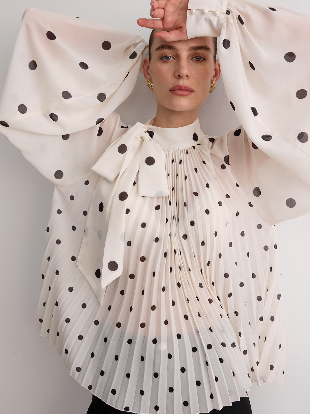 Bow Neck Pleated Polka Dot Blouse
