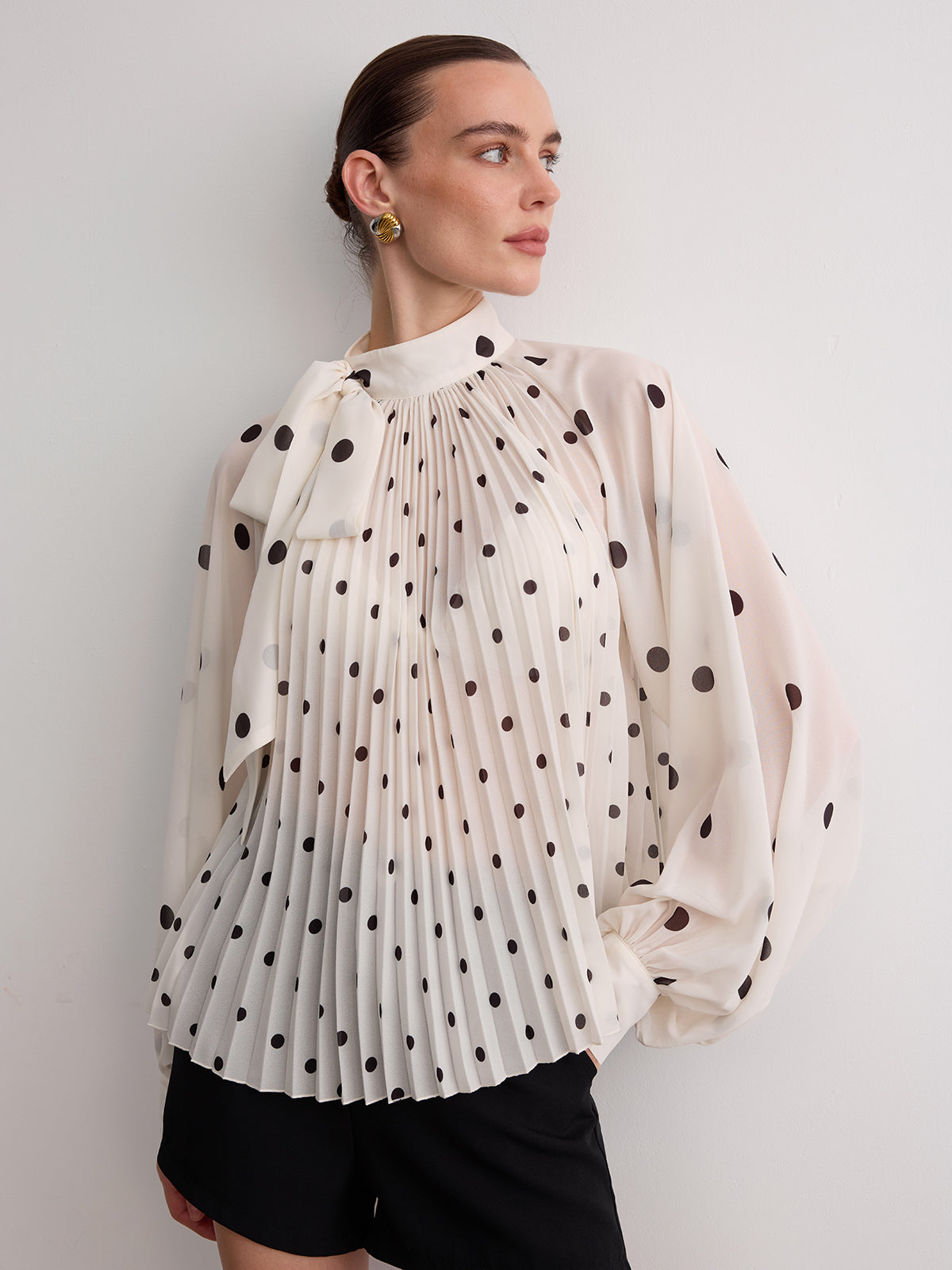 Bow Neck Pleated Polka Dot Blouse