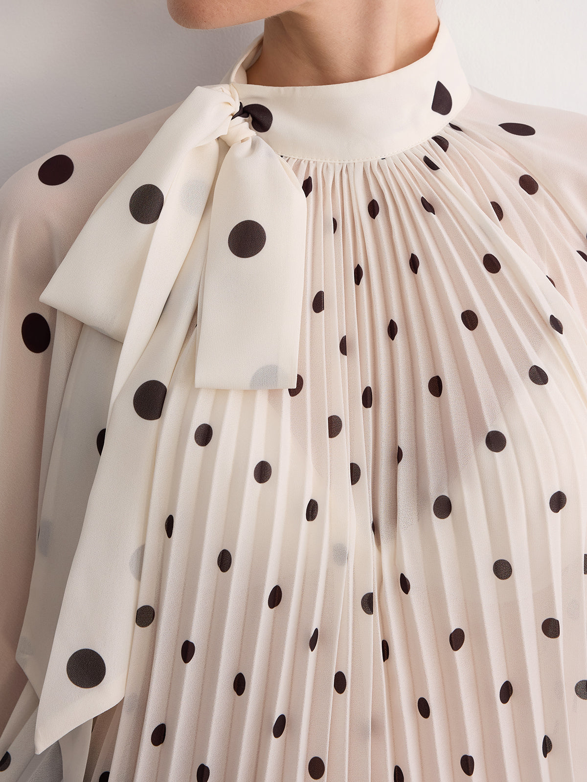 Bow Neck Pleated Polka Dot Blouse