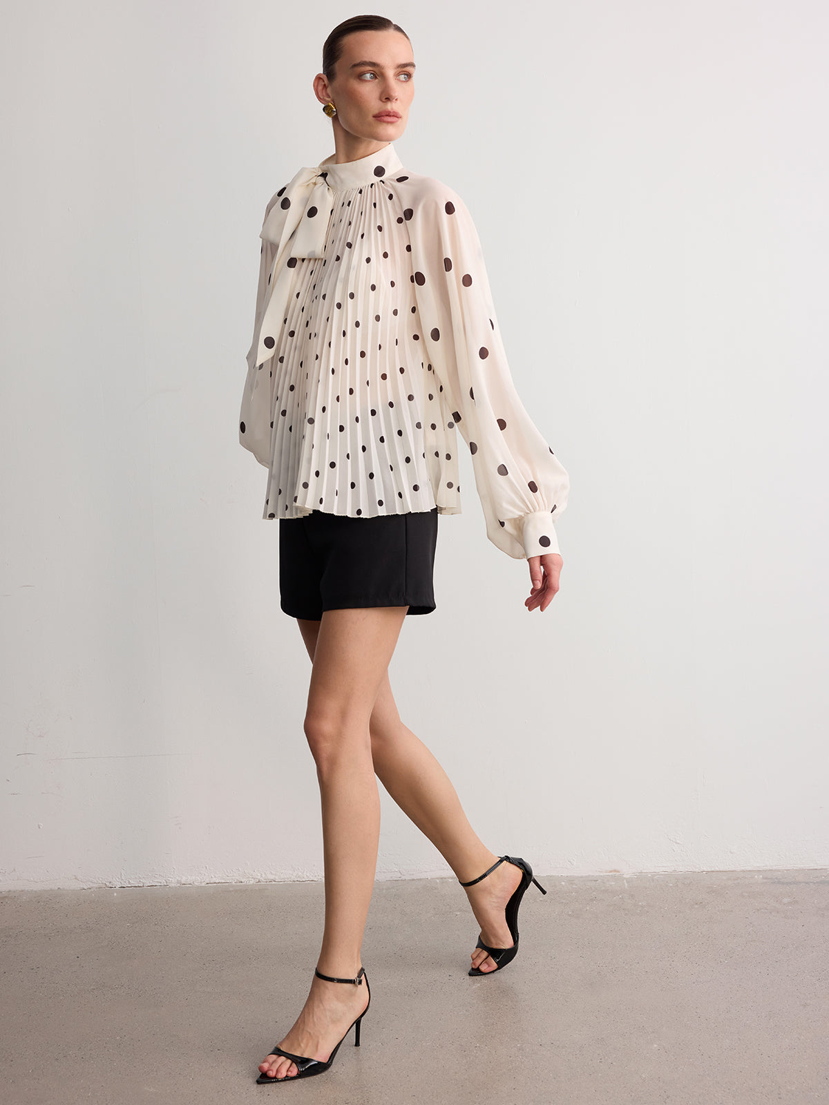Bow Neck Pleated Polka Dot Blouse