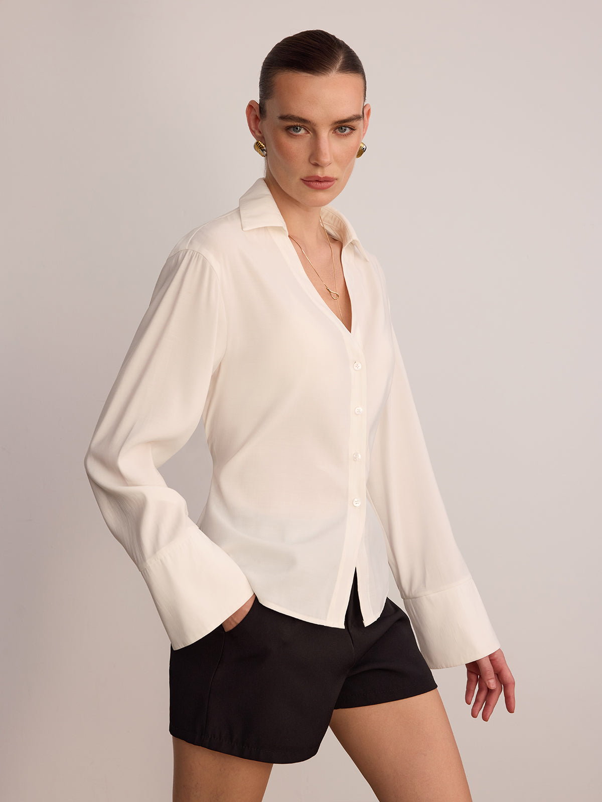 Button Front V-Neck Shirt