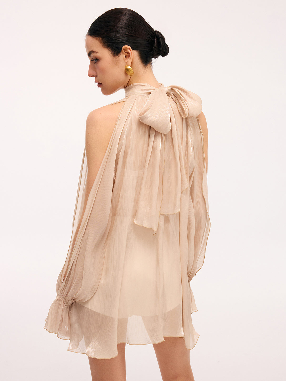 3D Rosen Neckholder-Bluse mit Glockenärmeln und transparentem Stoff