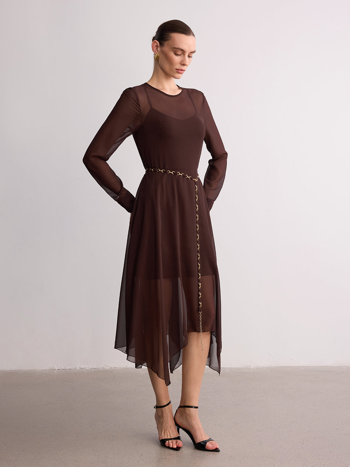 Belted Sheer Chiffon Long Sleeve Maxi Dress