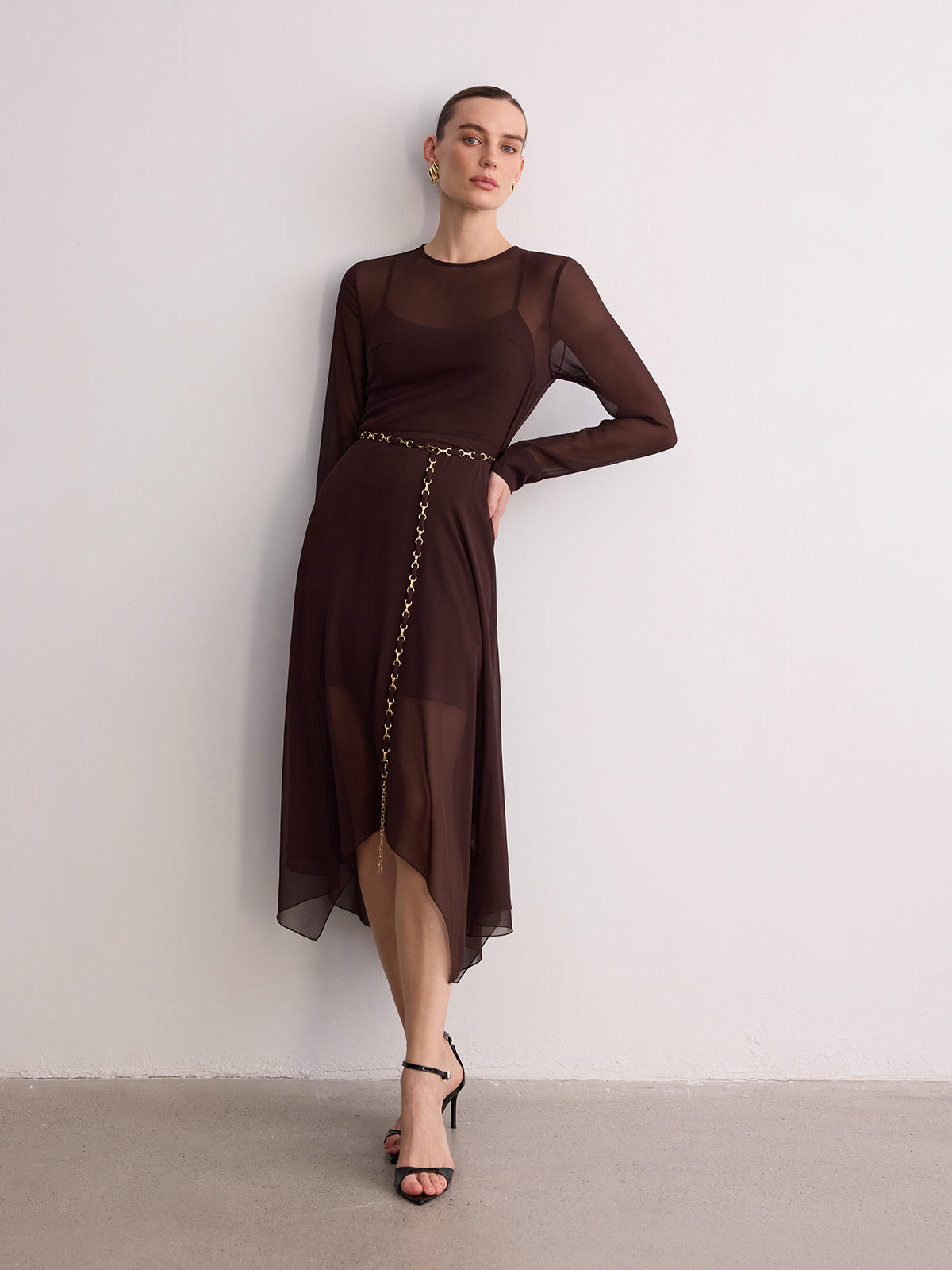 Belted Sheer Chiffon Long Sleeve Maxi Dress