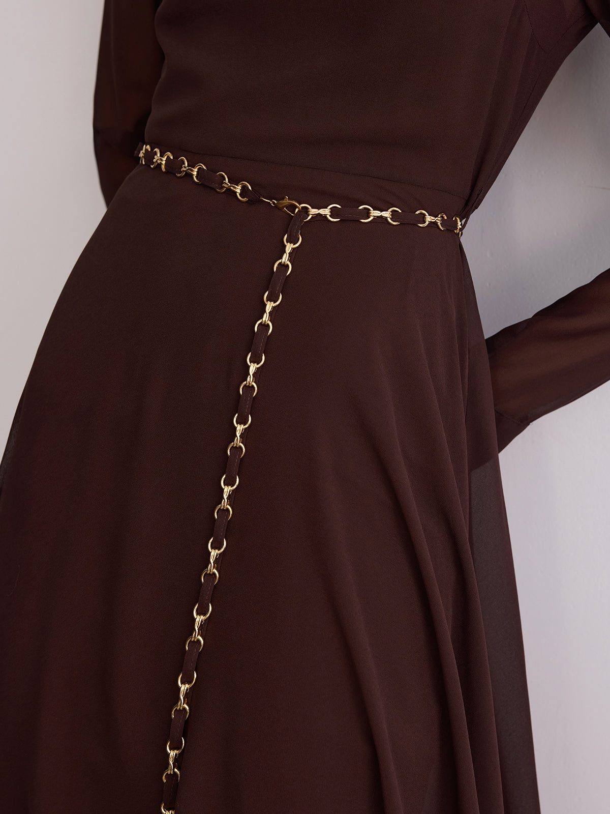 Belted Sheer Chiffon Long Sleeve Maxi Dress