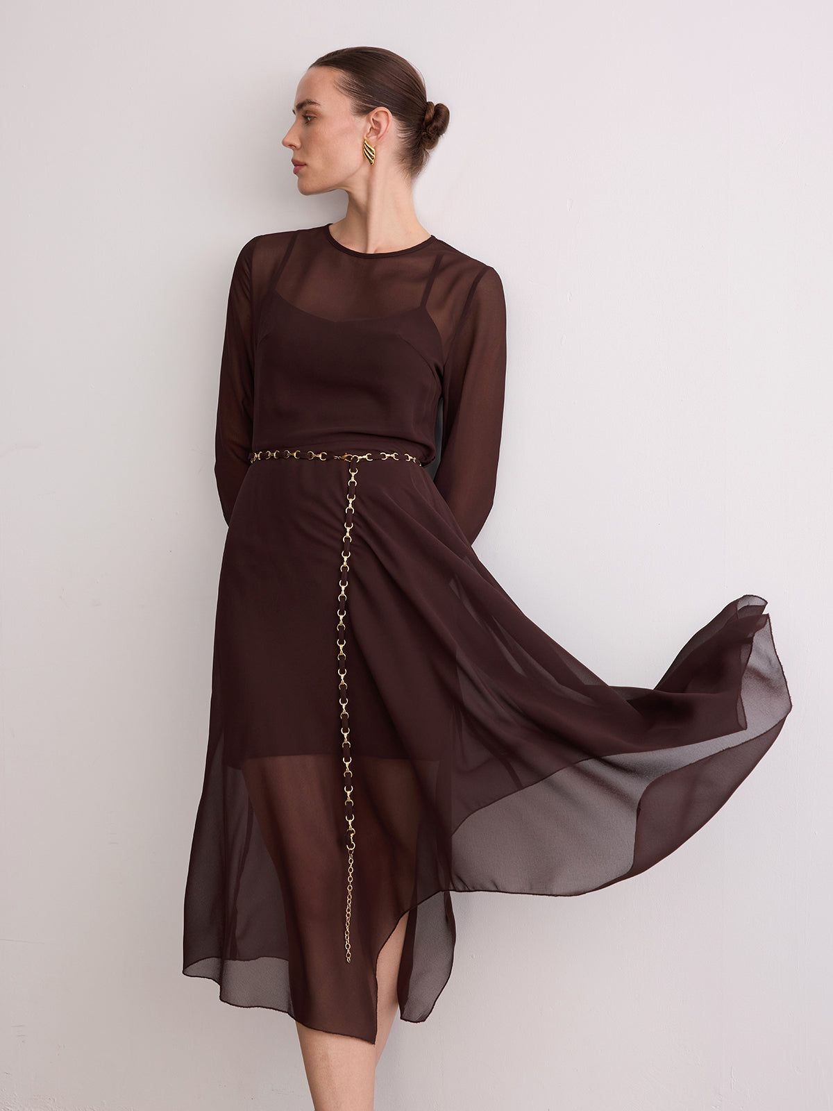 Belted Sheer Chiffon Long Sleeve Maxi Dress