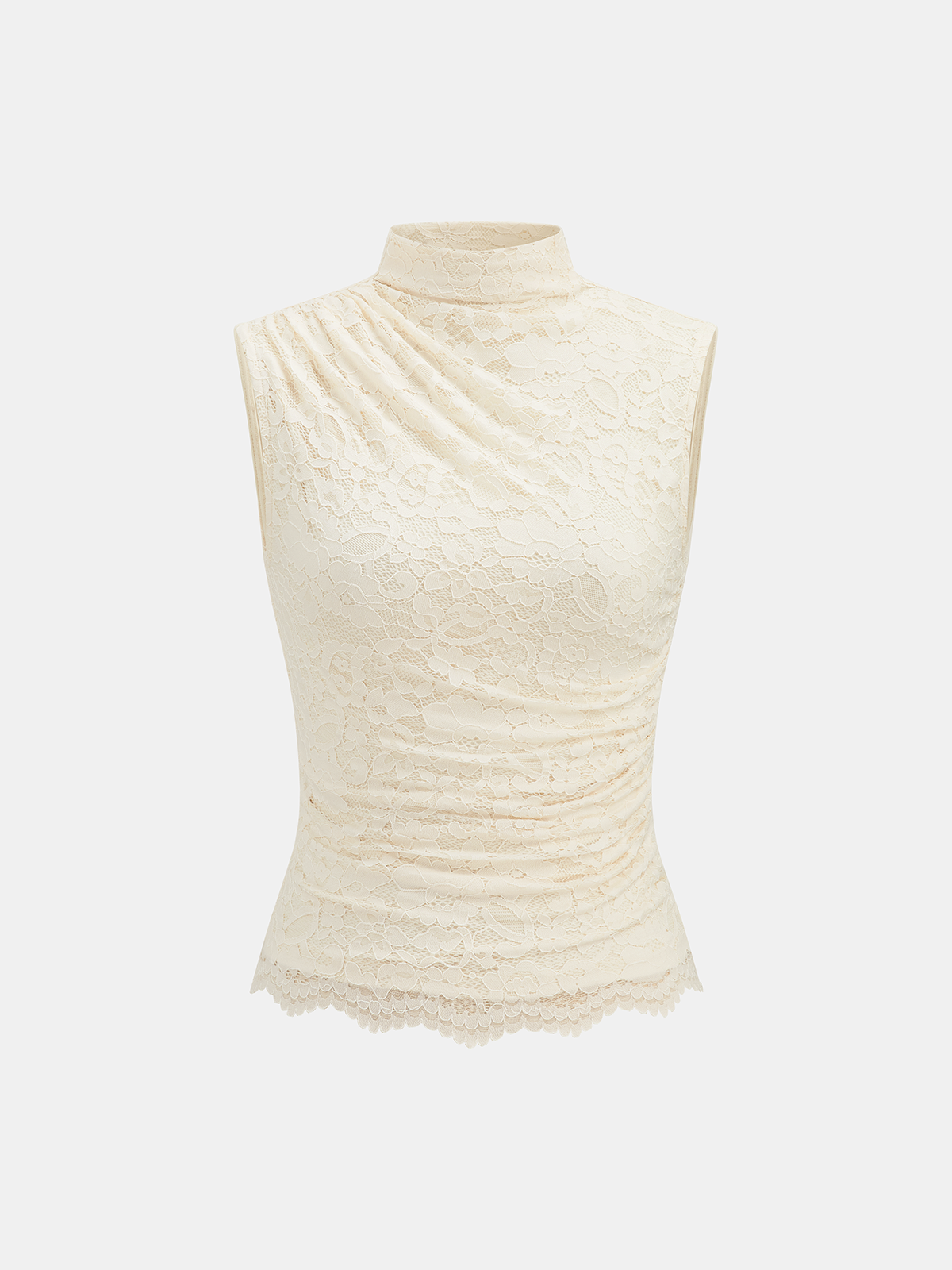 Ruched High Neck Lace Sleeveless Blouse