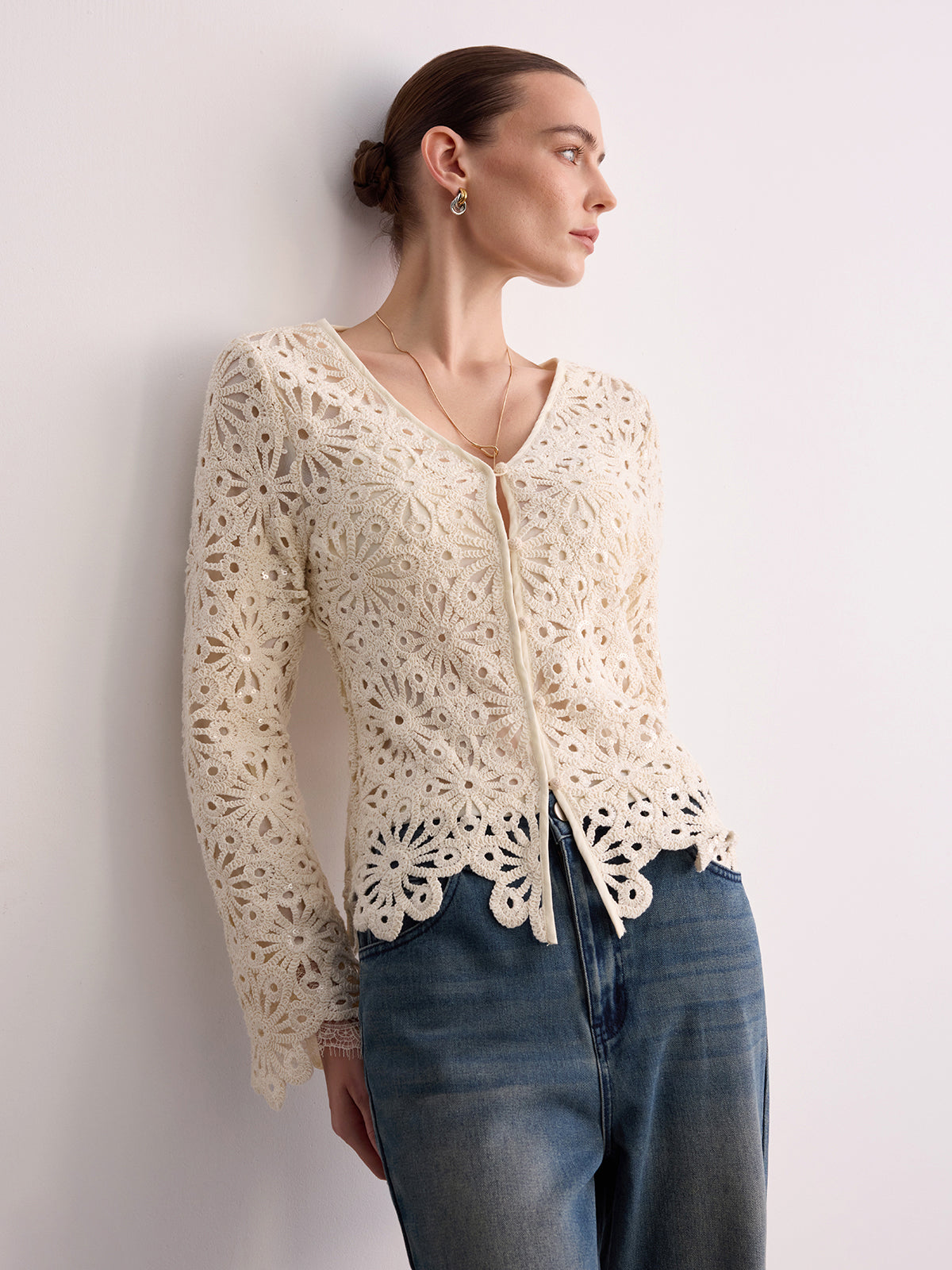 Cotton Crochet V-Neck Cardigan