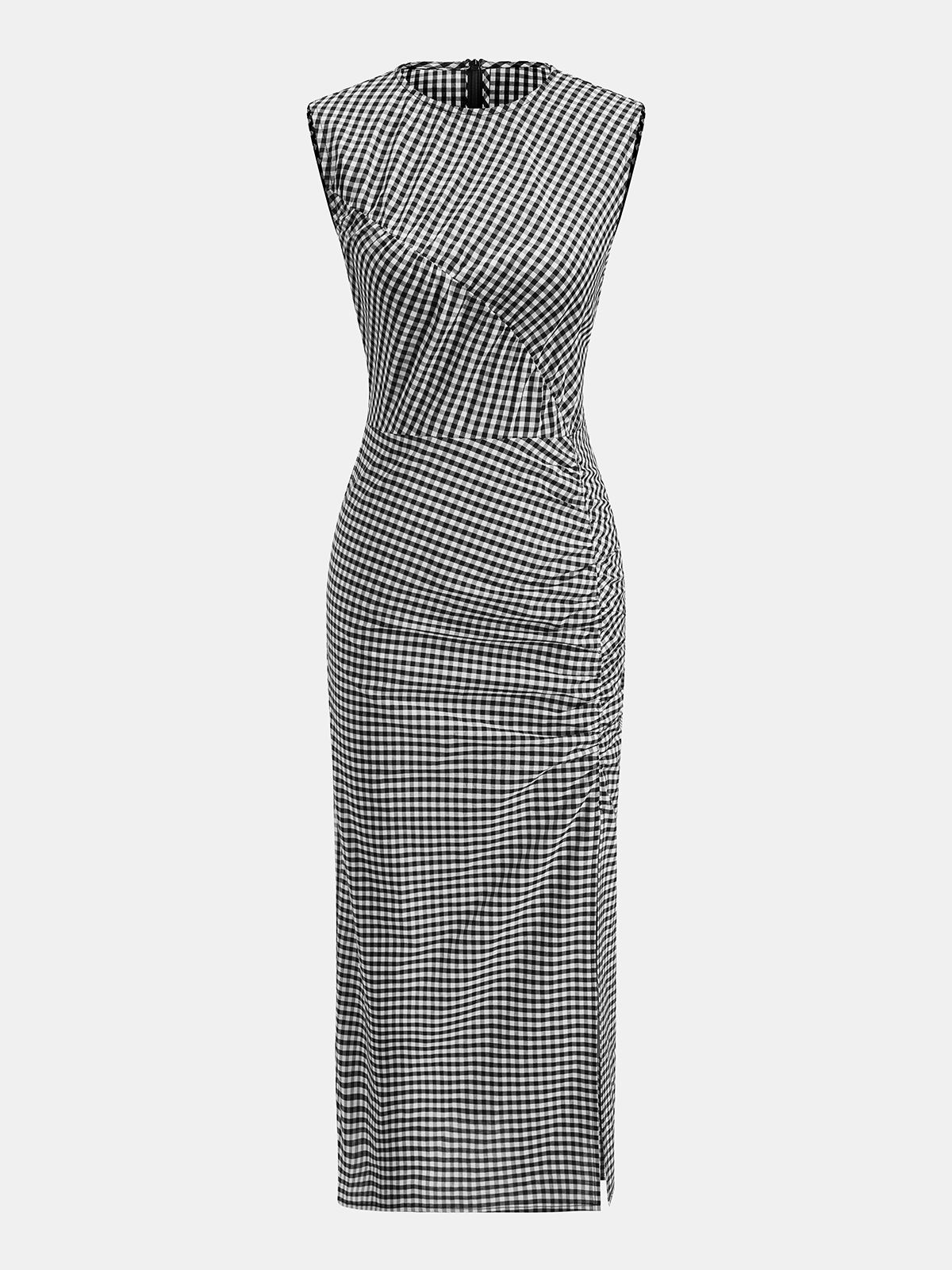 Robe longue sans manches en coton vichy froncé avec fente