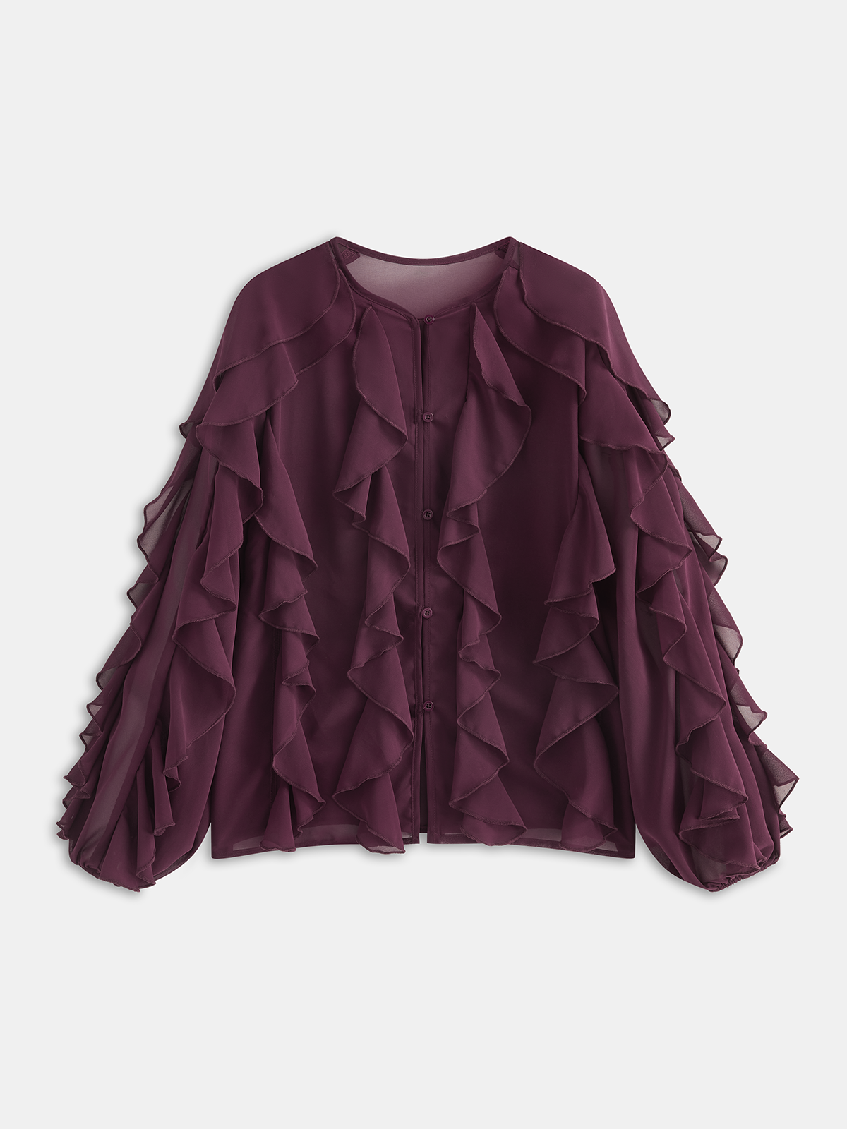 Halbtransparente Chiffon-Langarmbluse mit Rüschen