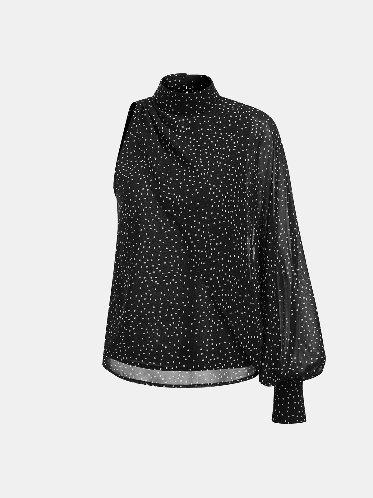 Polka Dot One Shoulder Sheer Mock Neck Blouse