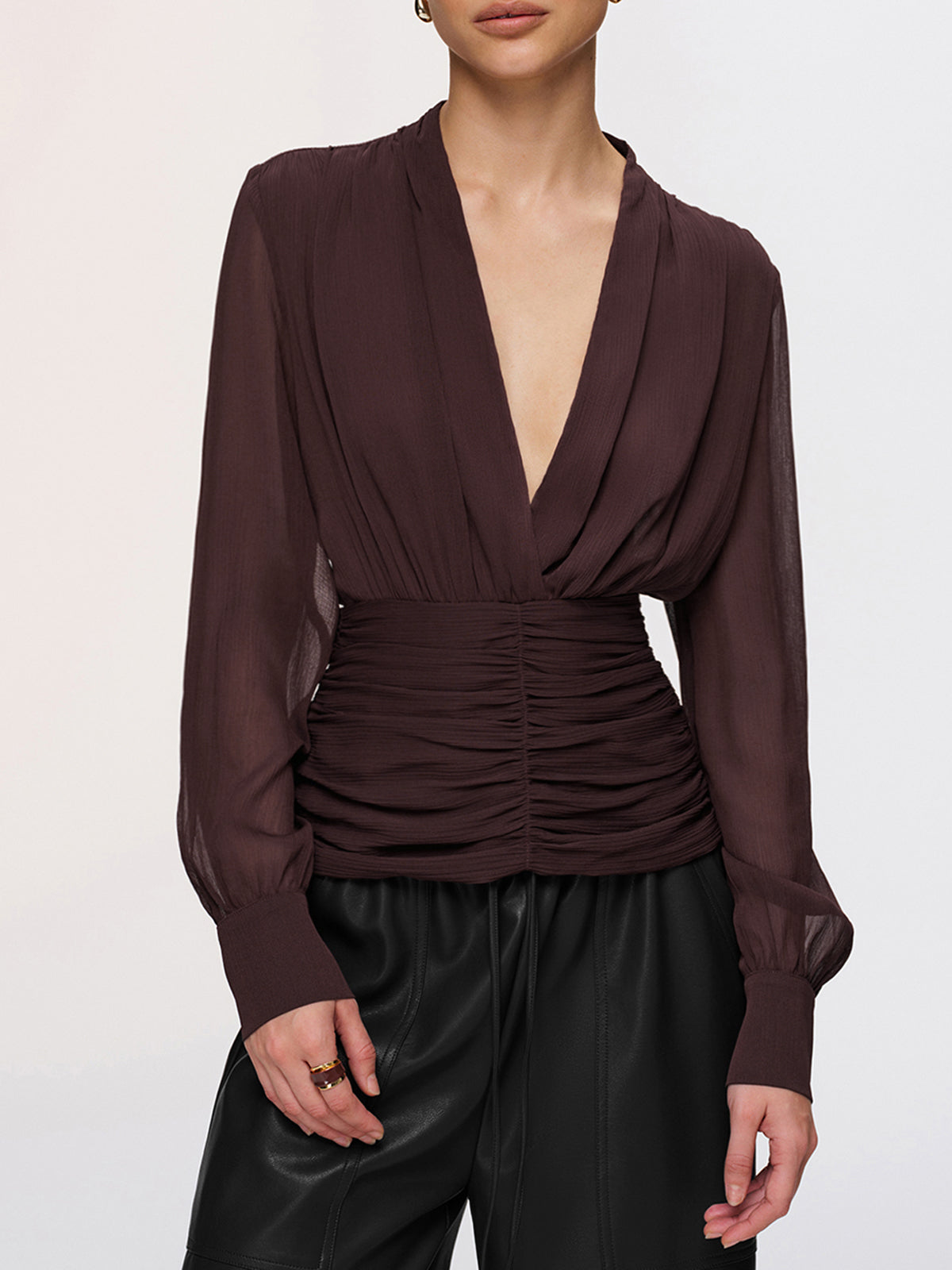 Semi-Sheer Ruched Deep V-Neck Blouse