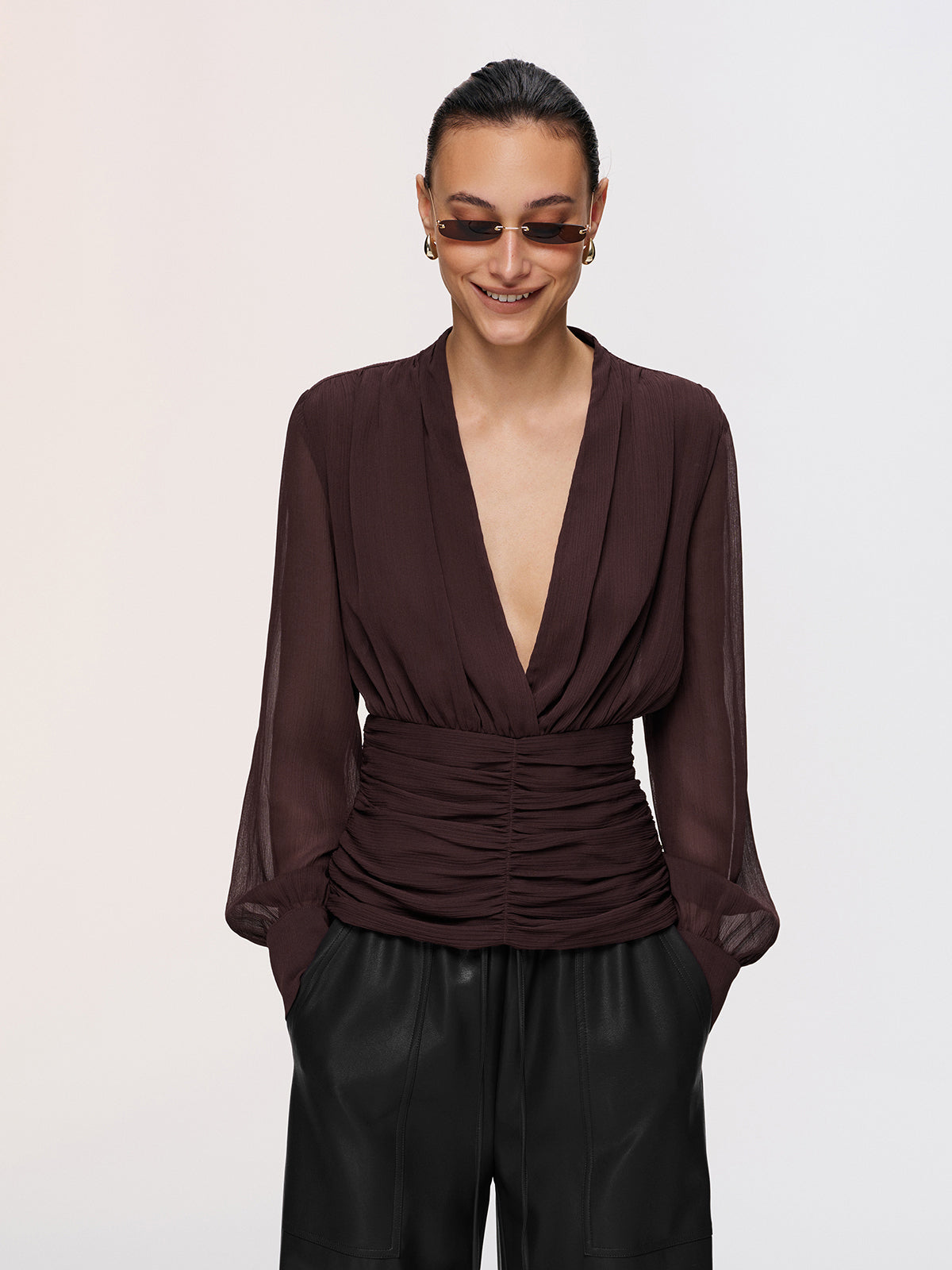 Semi-Sheer Ruched Deep V-Neck Blouse