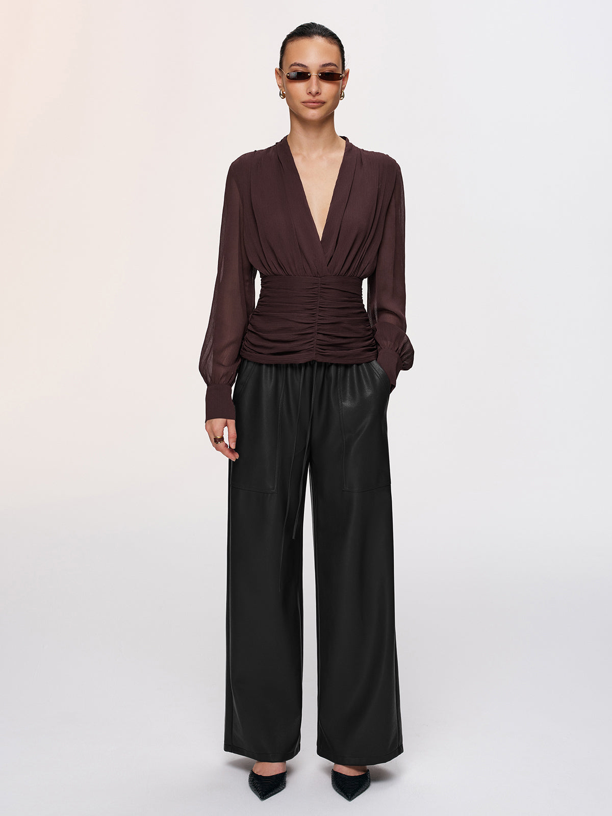 Semi-Sheer Ruched Deep V-Neck Blouse