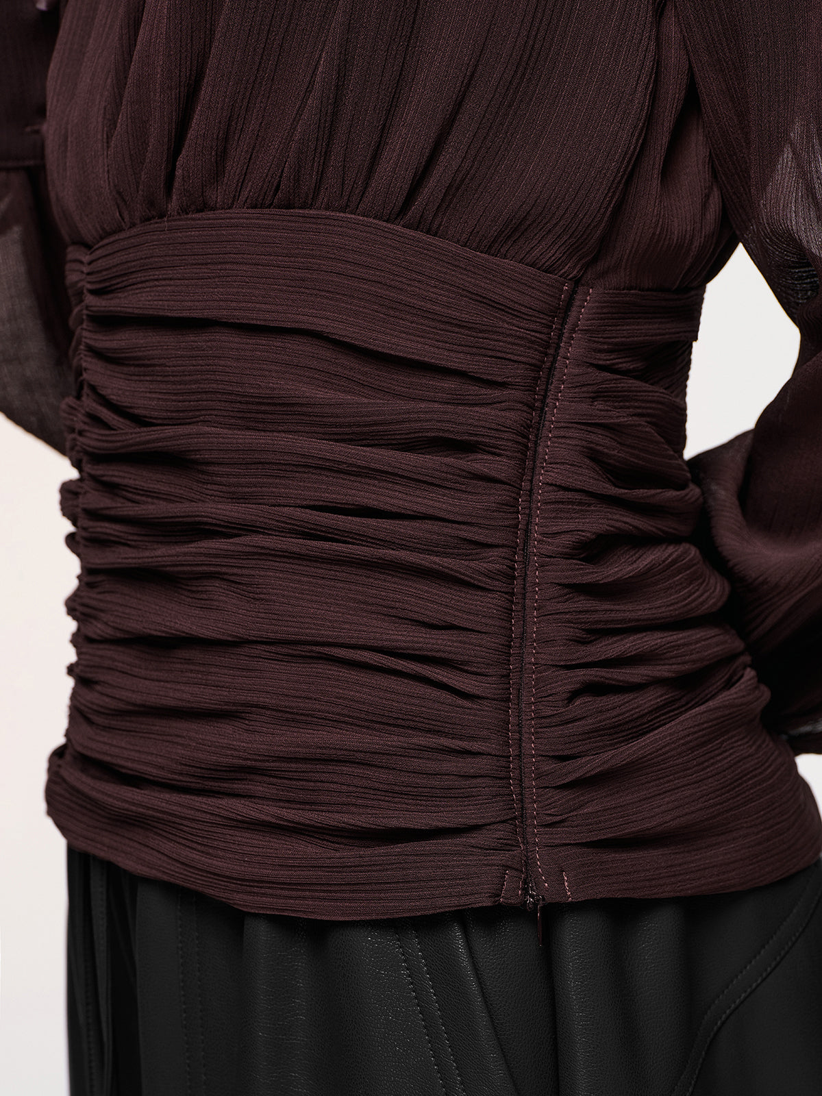 Semi-Sheer Ruched Deep V-Neck Blouse