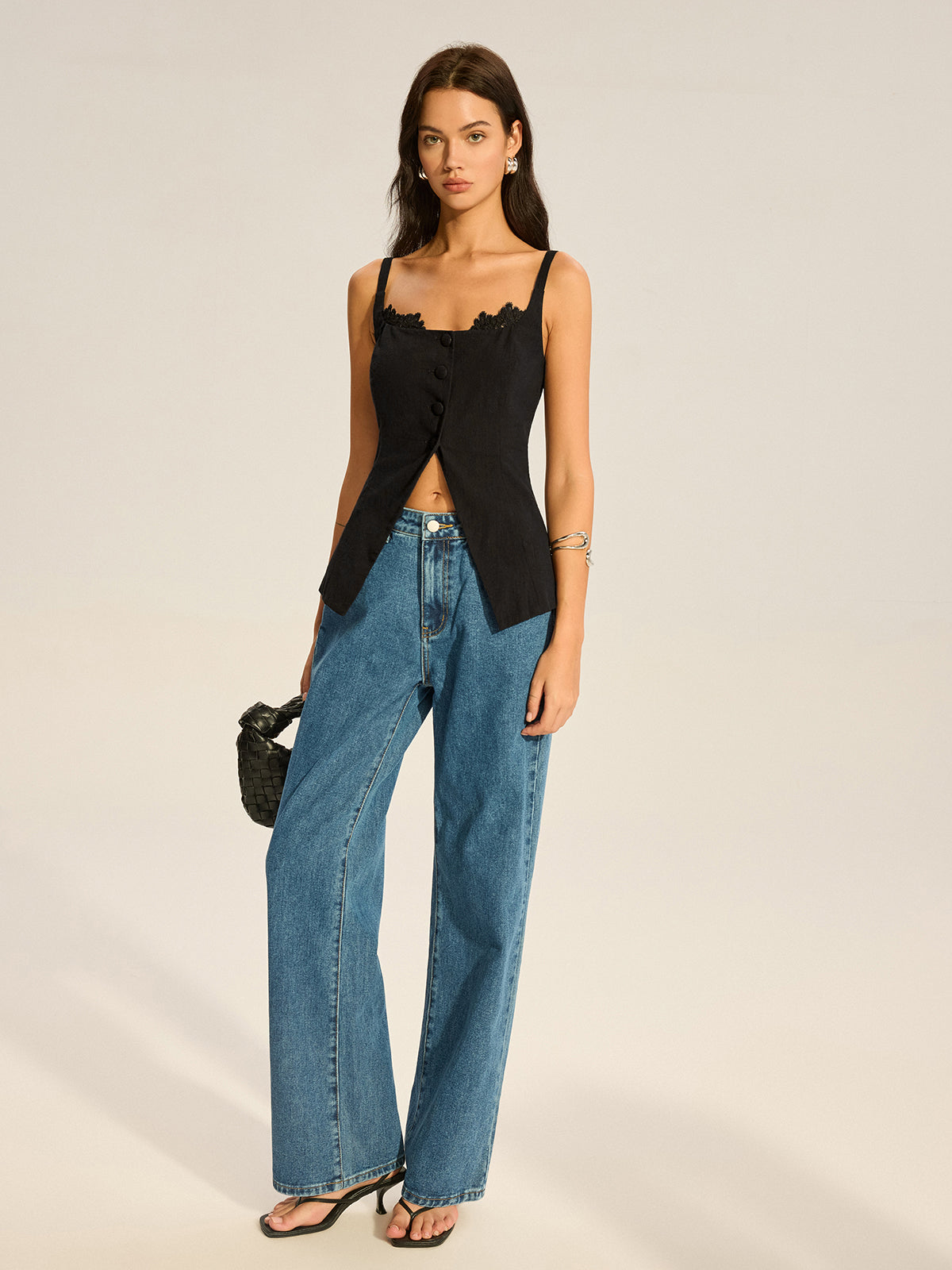 Semi-Sheer Lace-Trimmed Button Top with Slit