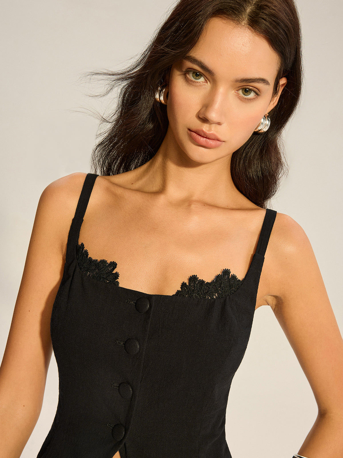 Semi-Sheer Lace-Trimmed Button Top with Slit