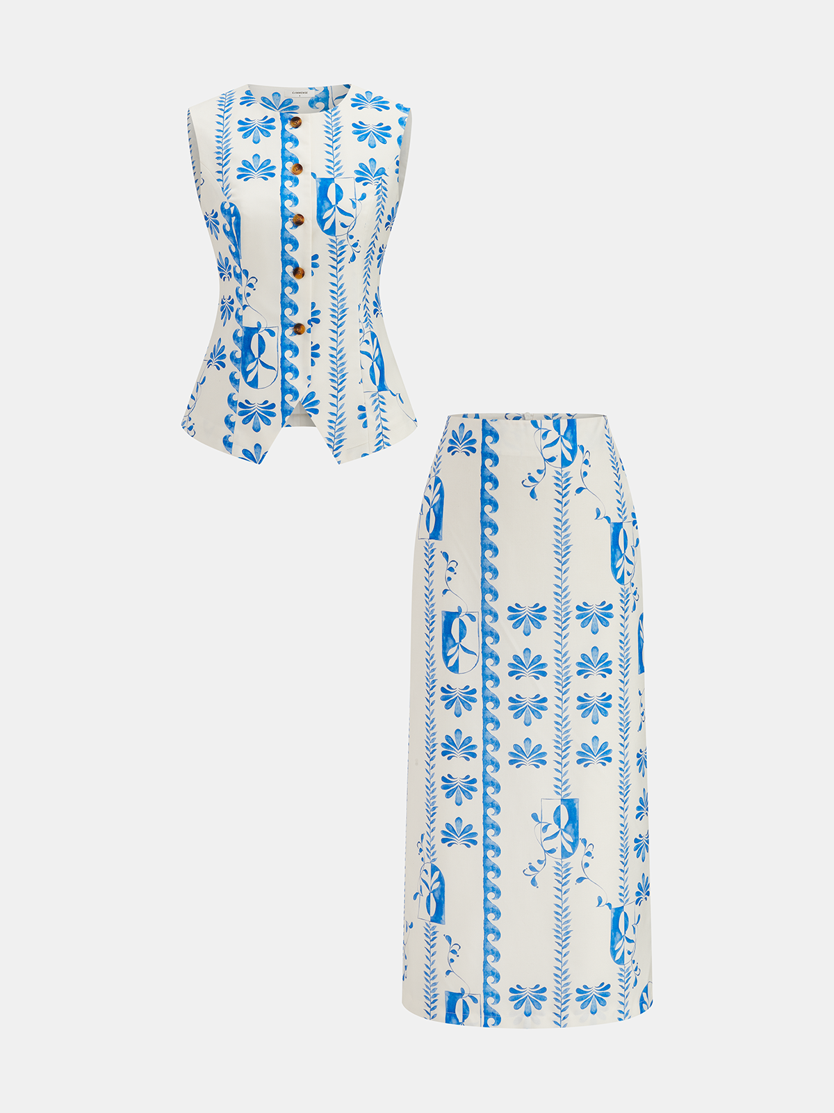 Printed Buttoned Vest & Maxi Skirt Set