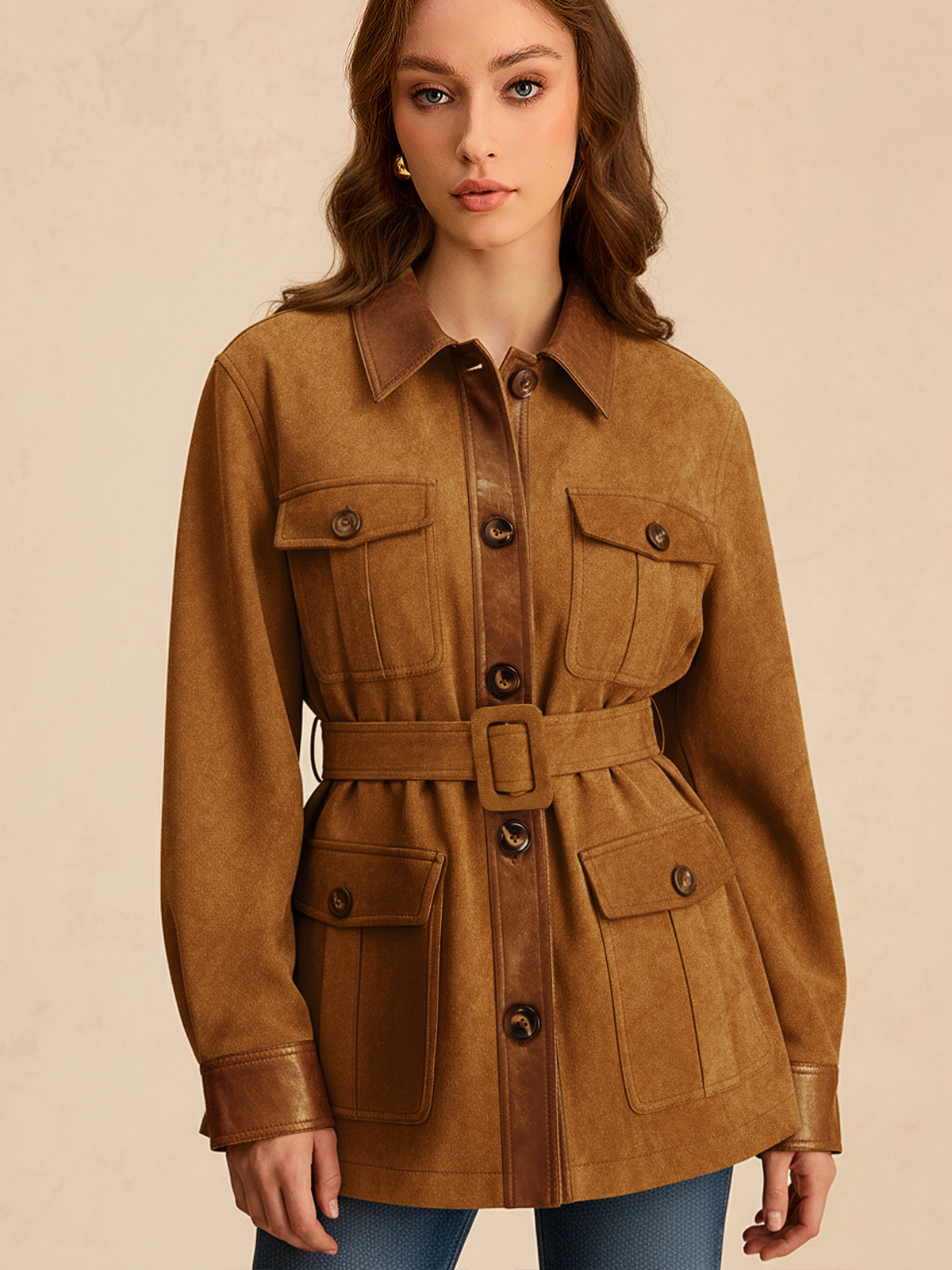 Jacke mit Gürtel in Wildlederoptik und Kunstleder-Einsätzen