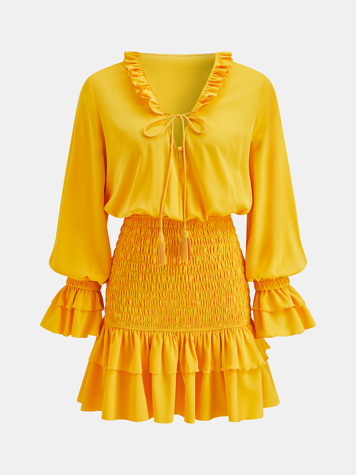 Ruffle Tie-Neck Smocked Tiered Dress