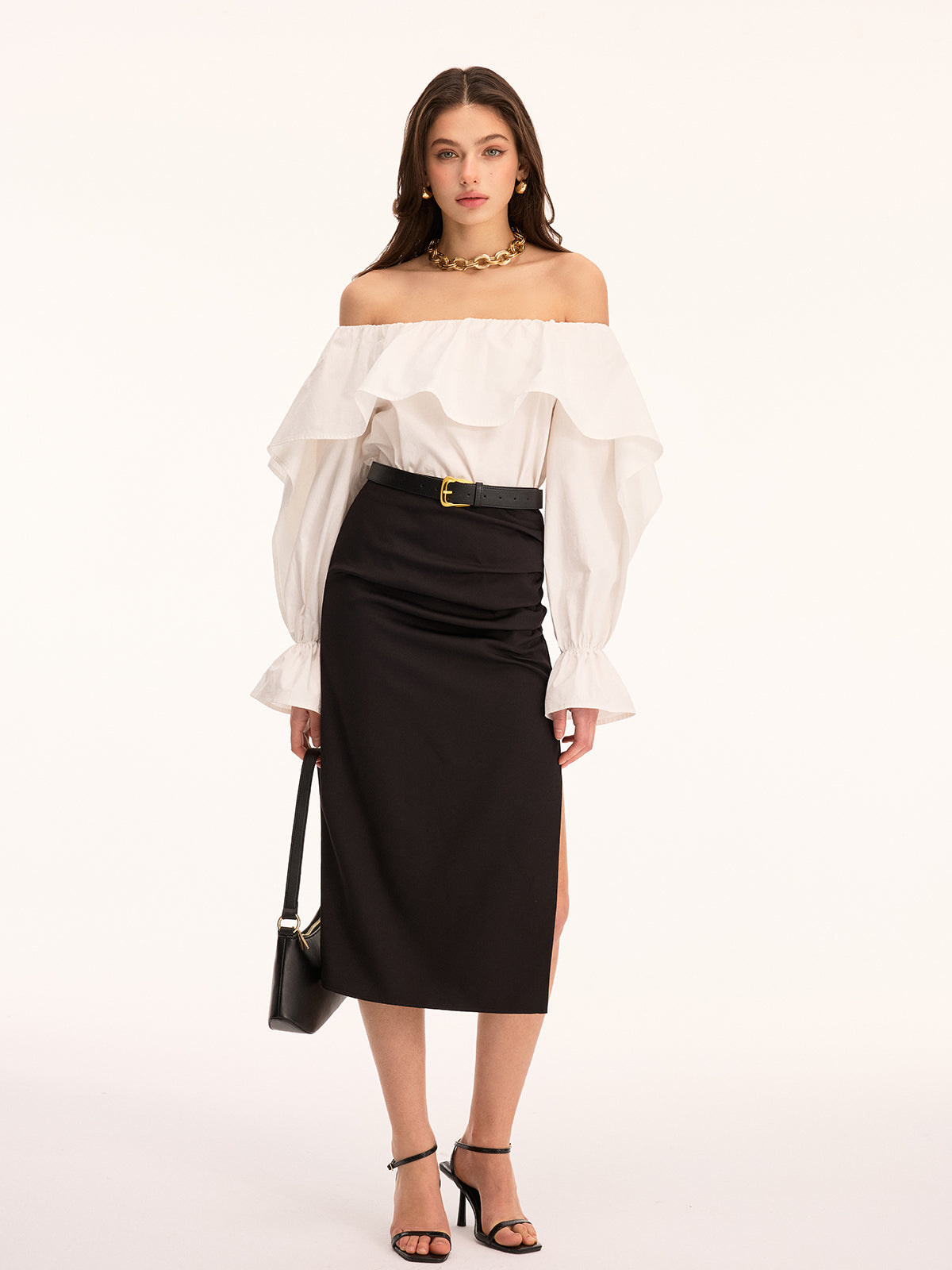 Off Shoulder Ruffled Cotton Long Sleeve Blouse