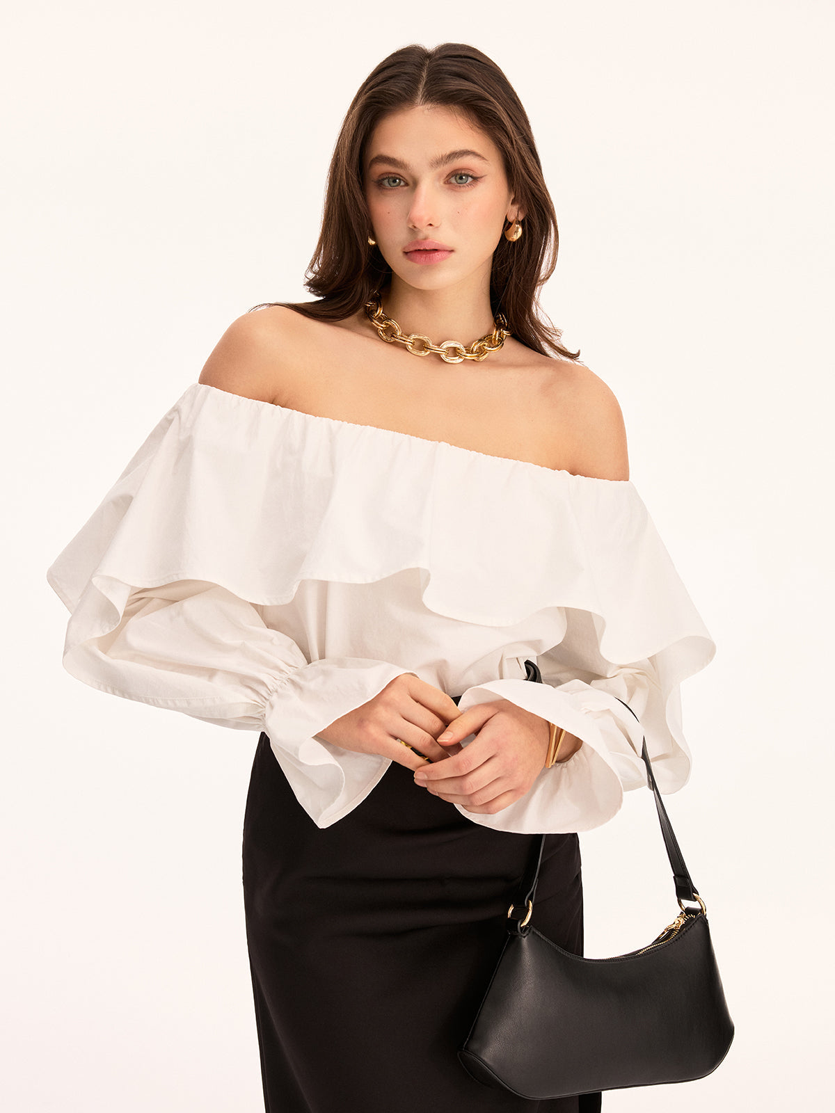 Off Shoulder Ruffled Cotton Long Sleeve Blouse