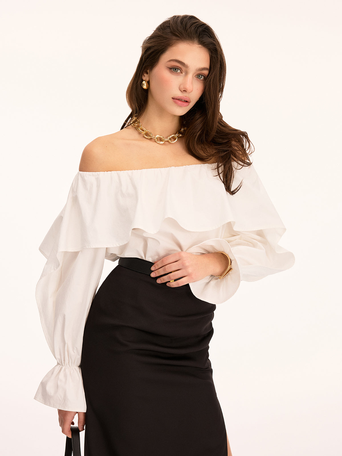 Off Shoulder Ruffled Cotton Long Sleeve Blouse