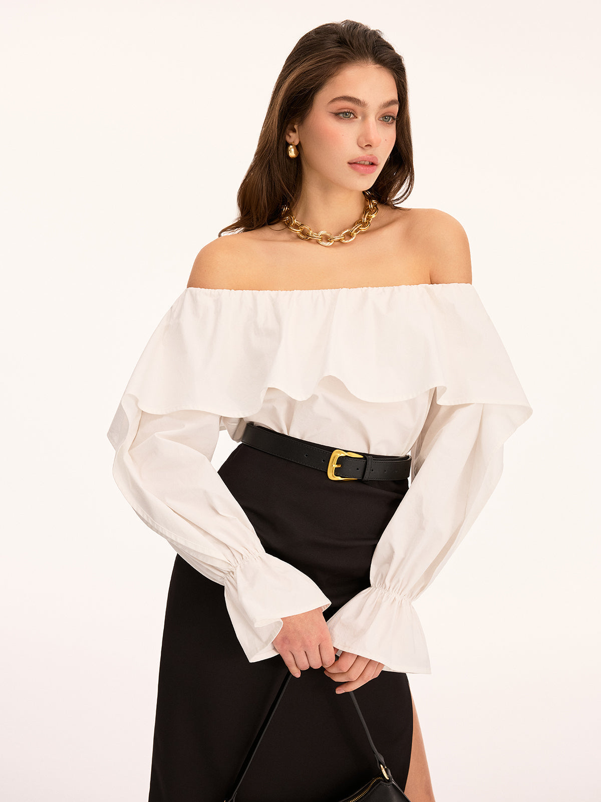 Off Shoulder Ruffled Cotton Long Sleeve Blouse