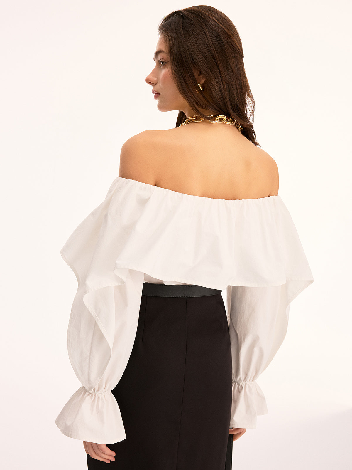 Off Shoulder Ruffled Cotton Long Sleeve Blouse