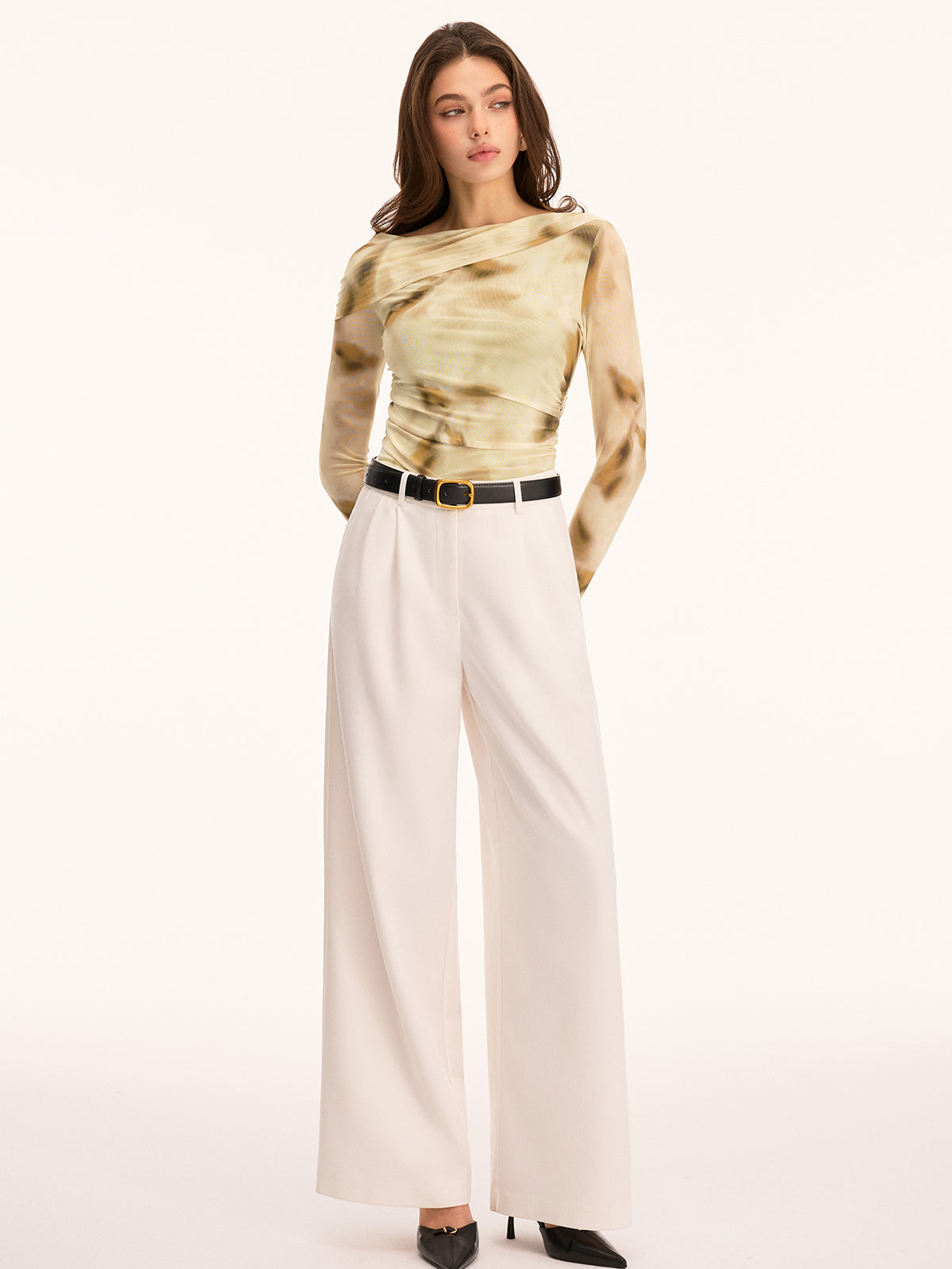 Tie Dye Ruched Sheer Long Sleeve Top