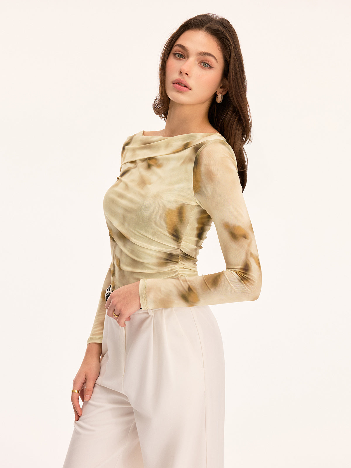 Tie Dye Ruched Sheer Long Sleeve Top