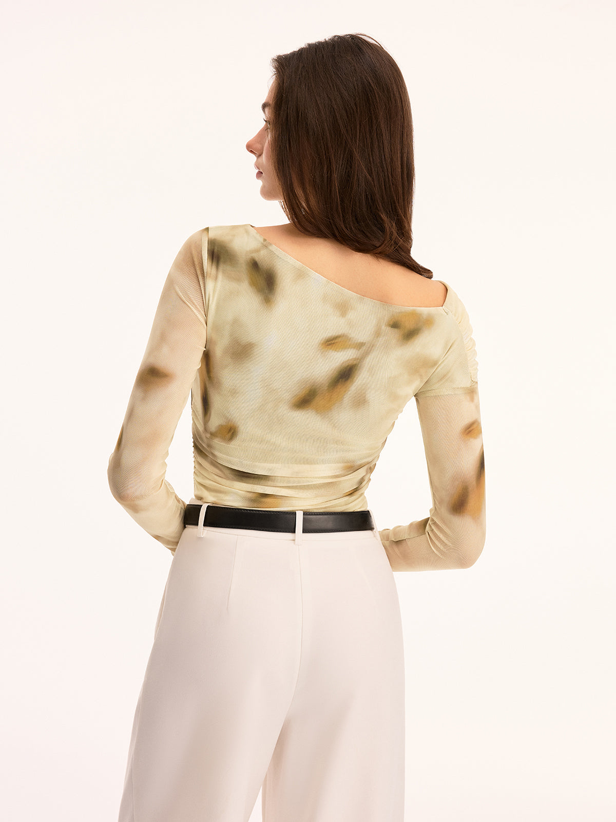 Tie Dye Ruched Sheer Long Sleeve Top