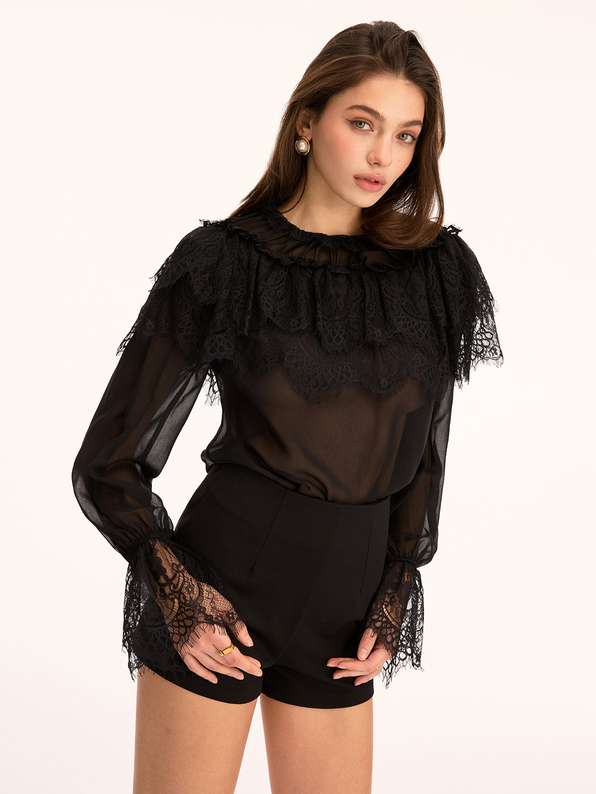 Lace Trim Sheer Long Sleeve Blouse