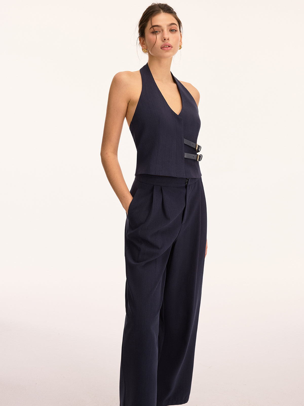 Halter Double Buckle Top & Pleated Pants Set