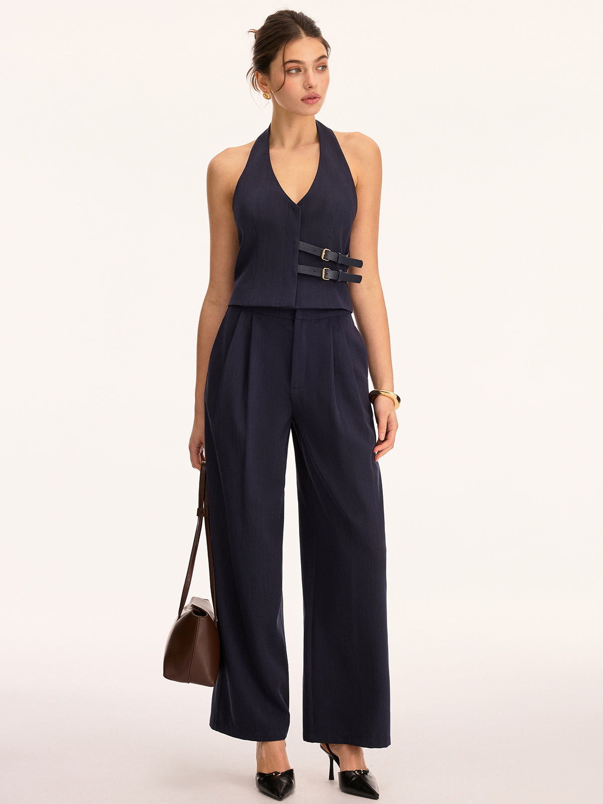 Halter Double Buckle Top & Pleated Pants Set