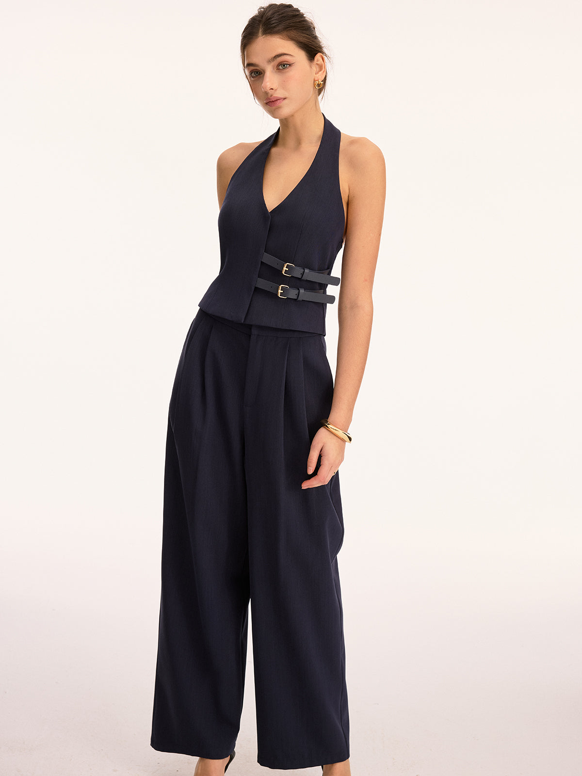Halter Double Buckle Top & Pleated Pants Set