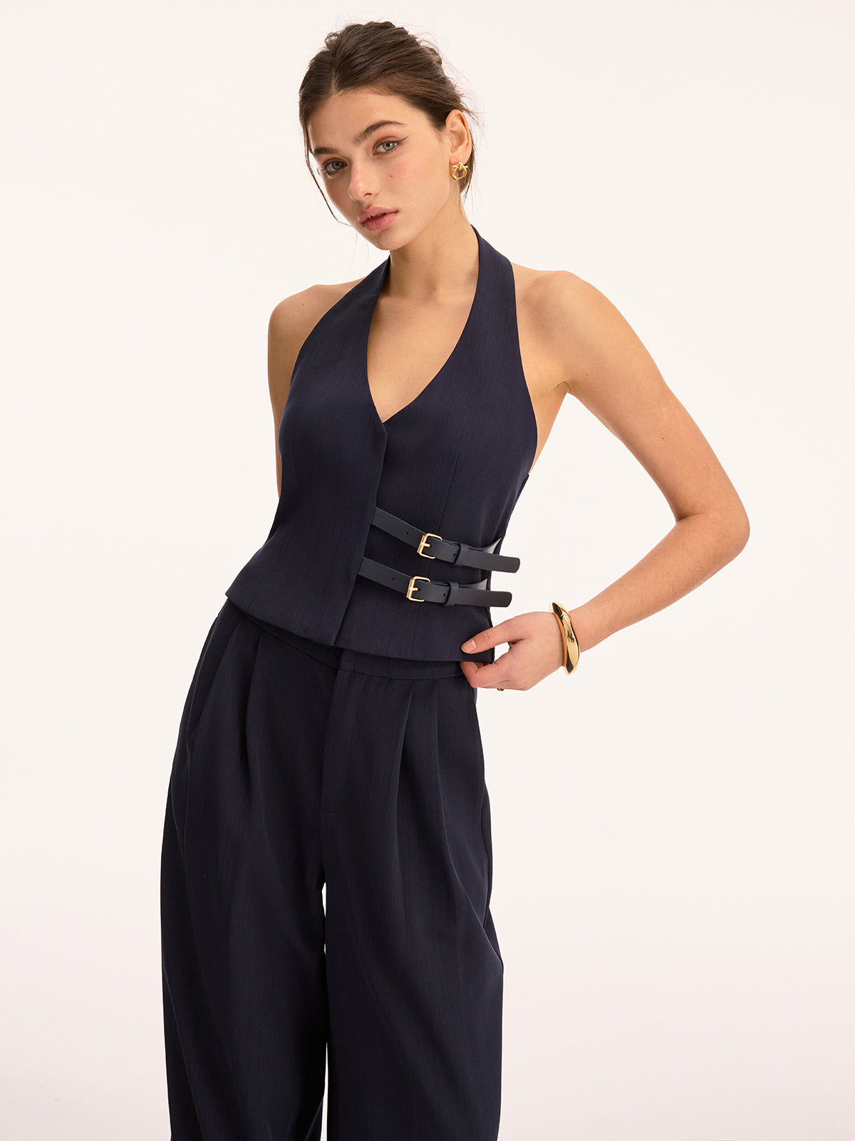 Halter Double Buckle Top & Pleated Pants Set