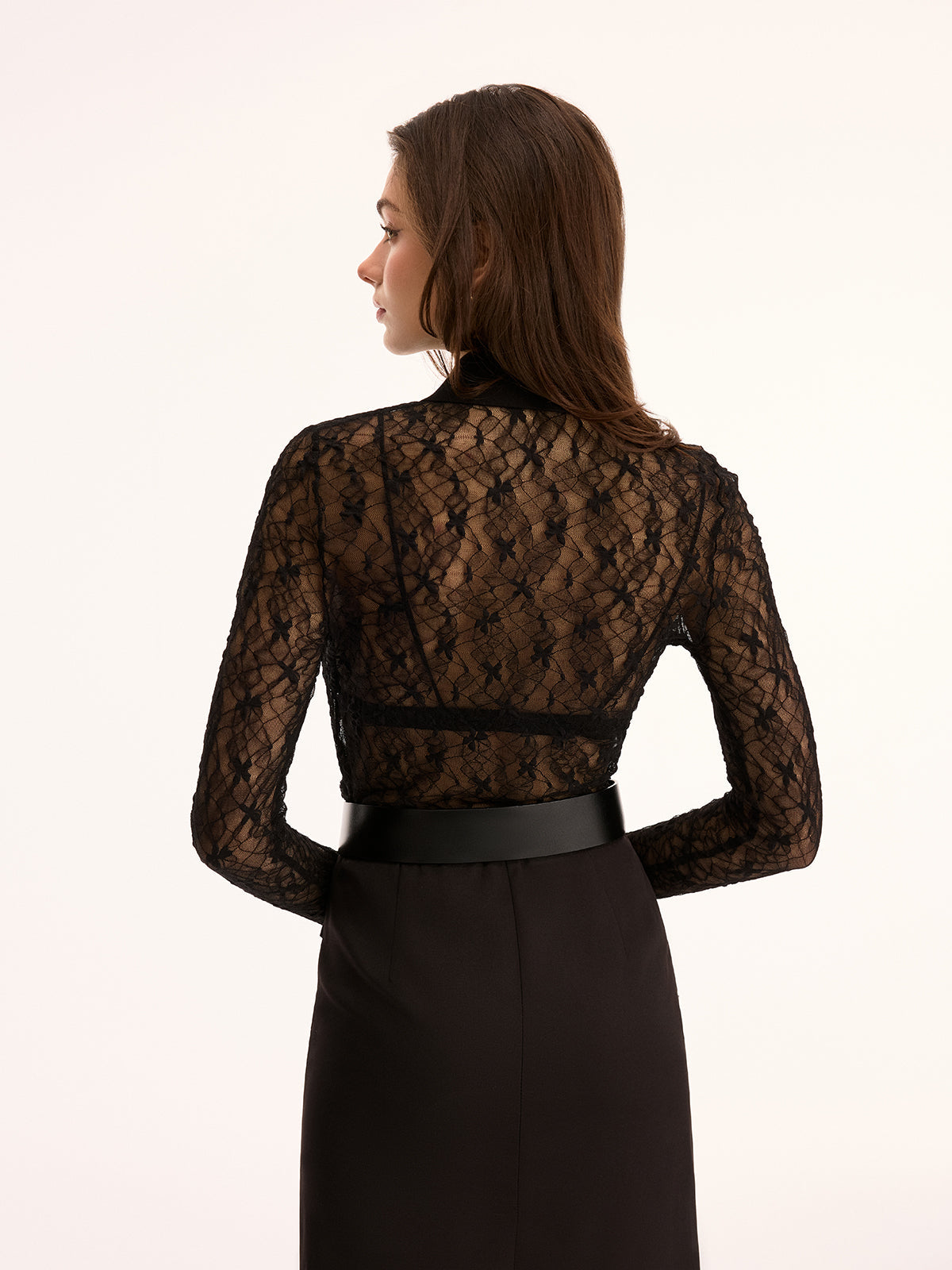 Sheer Lace Long Sleeve Cropped Blouse