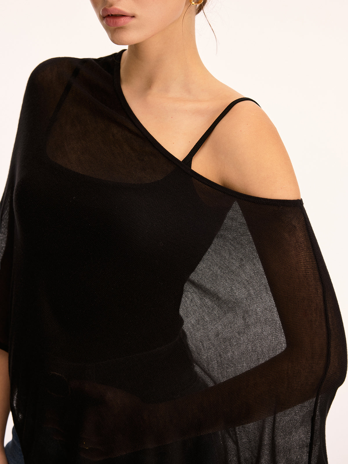 Off Shoulder Sheer Asymmetric Knit Sweater