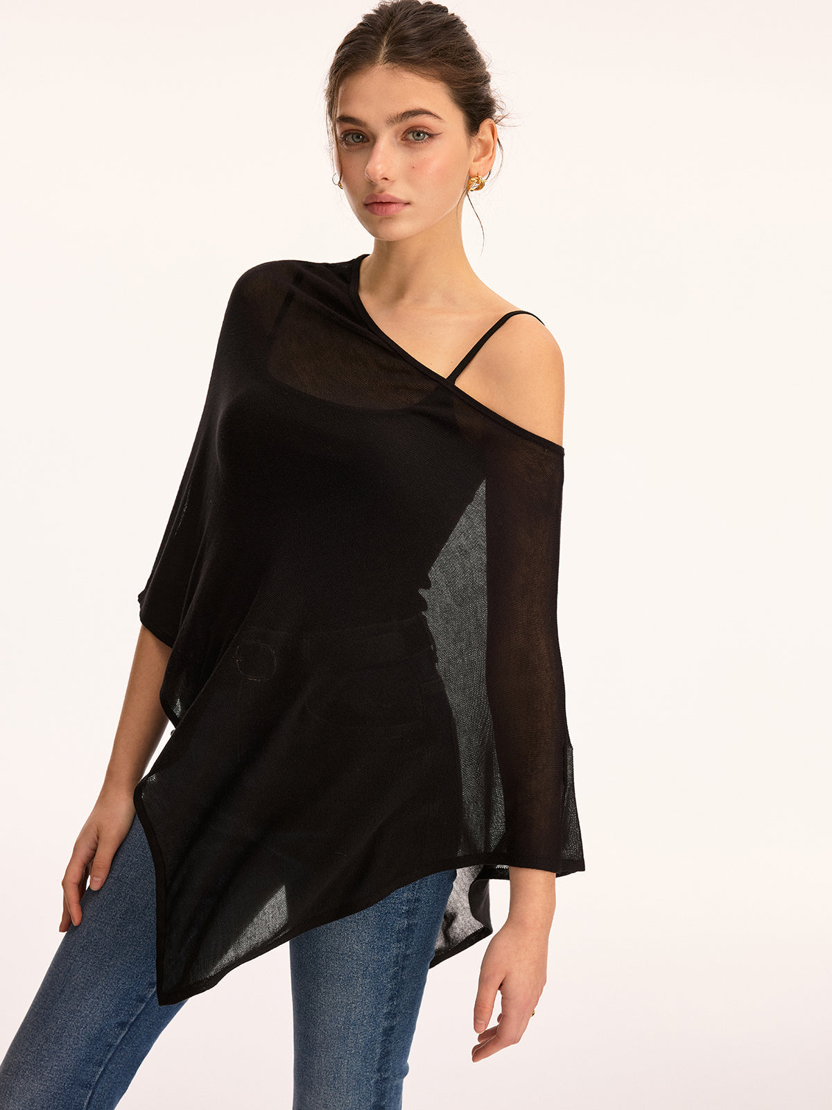 Off Shoulder Sheer Asymmetric Knit Sweater