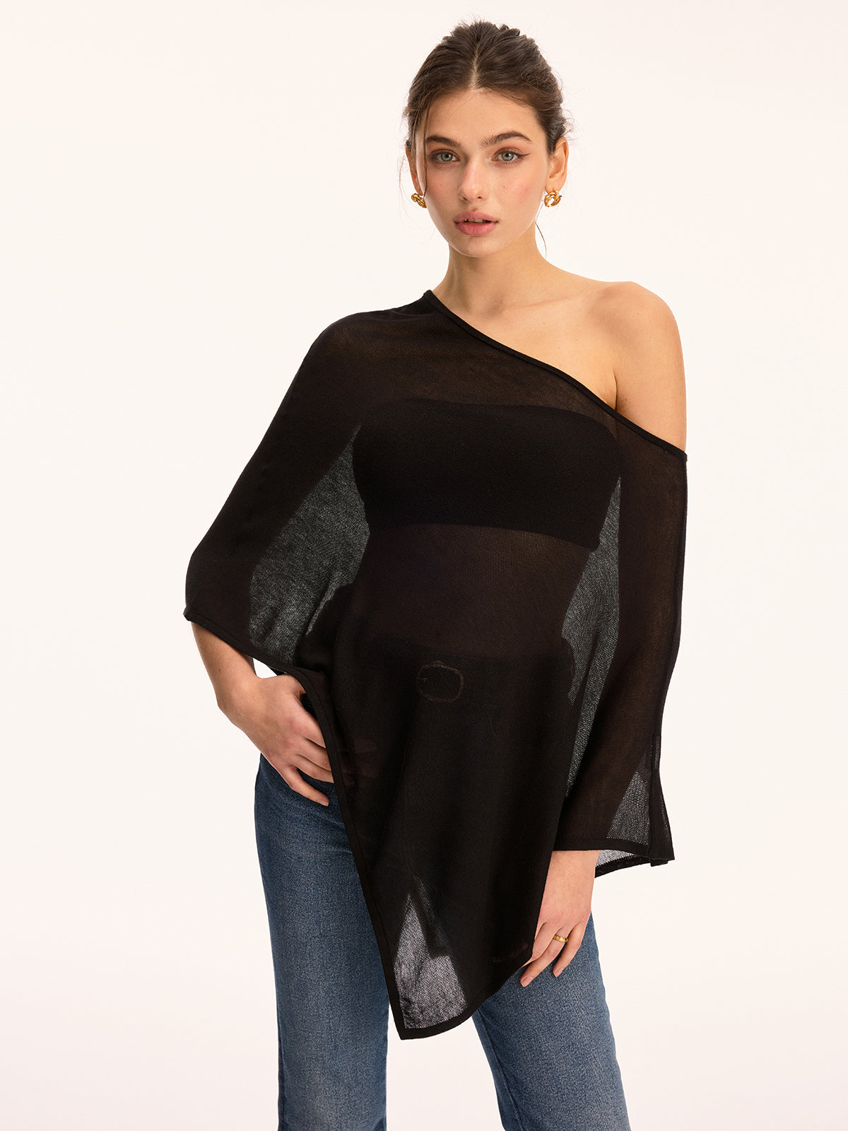 Off Shoulder Sheer Asymmetric Knit Sweater