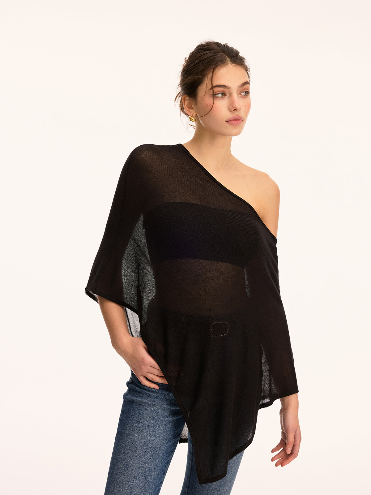 Off Shoulder Sheer Asymmetric Knit Sweater