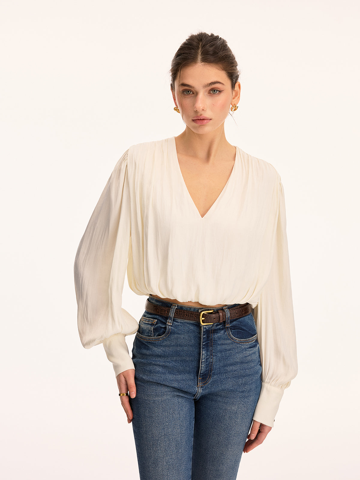 V Neck Puff Sleeve Cropped Blouse