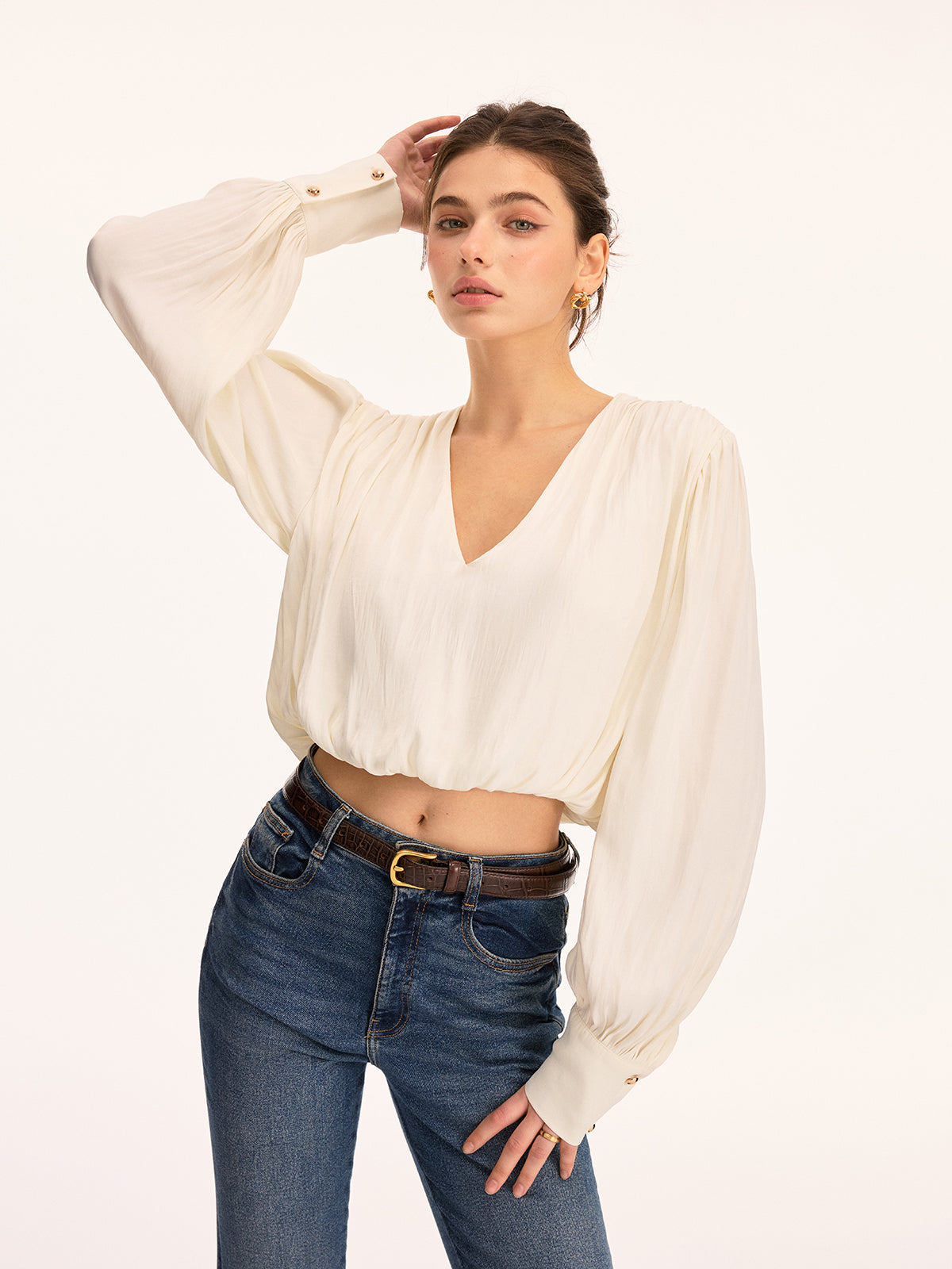 V Neck Puff Sleeve Cropped Blouse