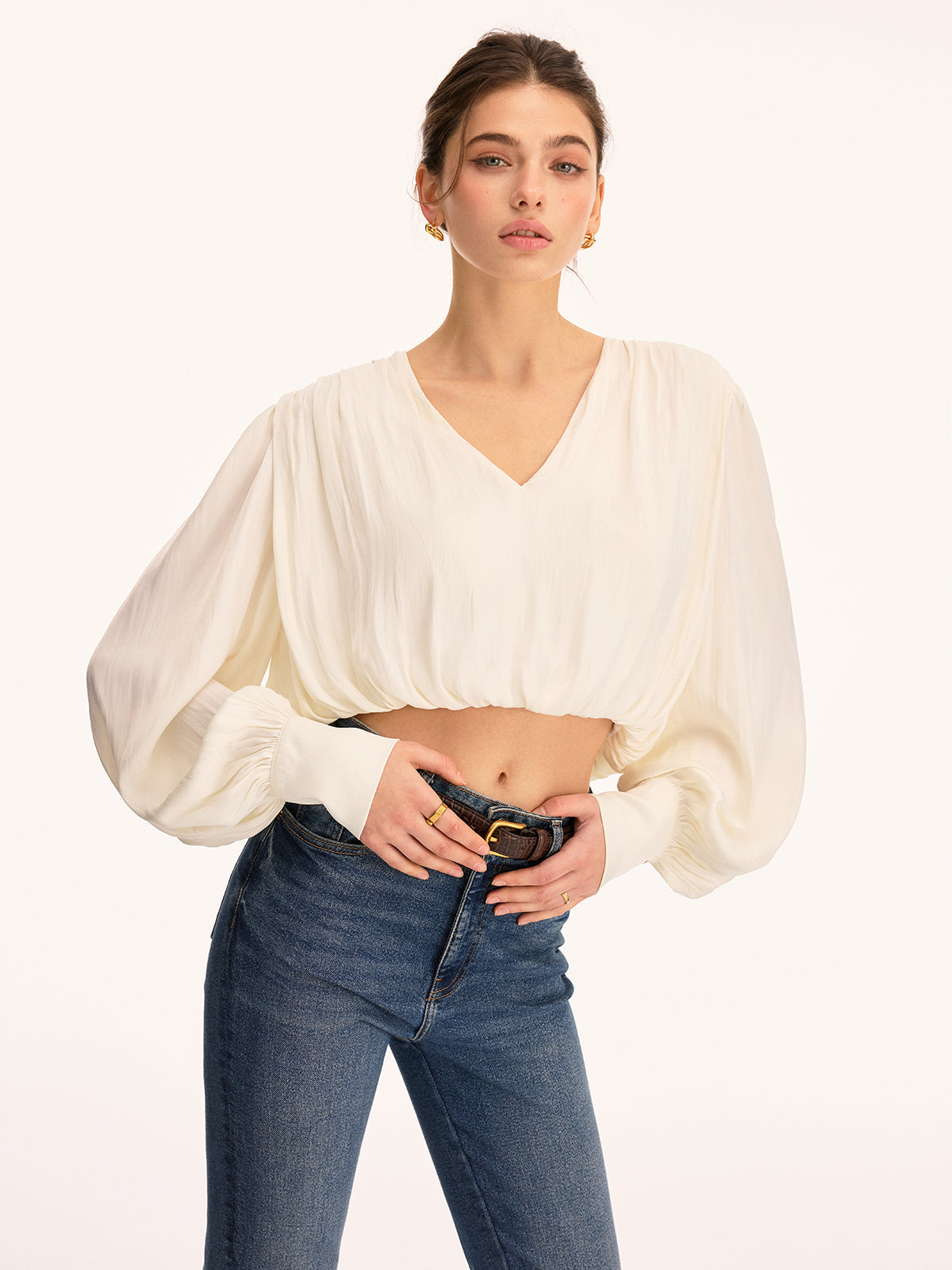 V Neck Puff Sleeve Cropped Blouse
