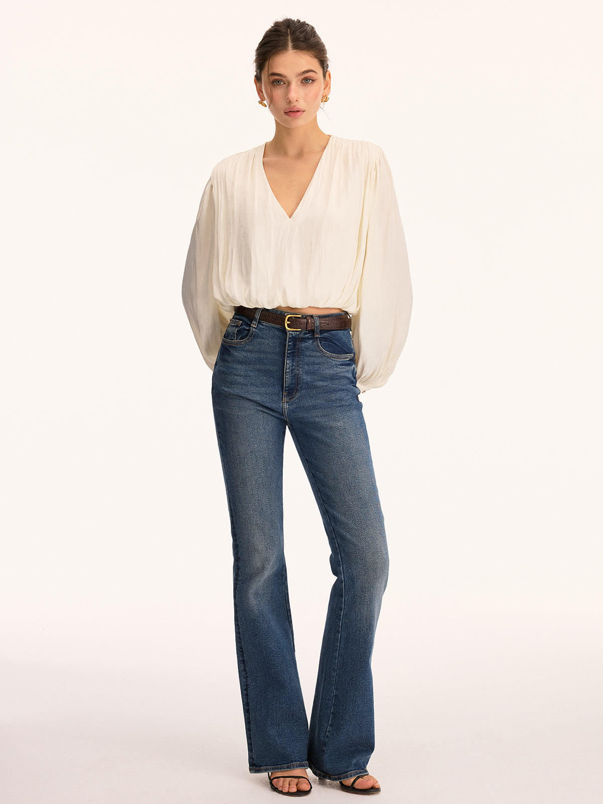 V Neck Puff Sleeve Cropped Blouse