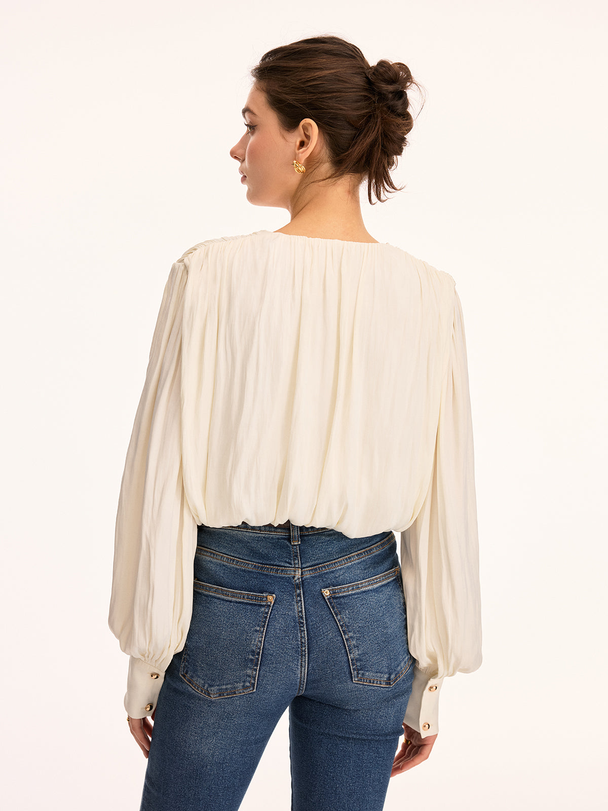 V Neck Puff Sleeve Cropped Blouse
