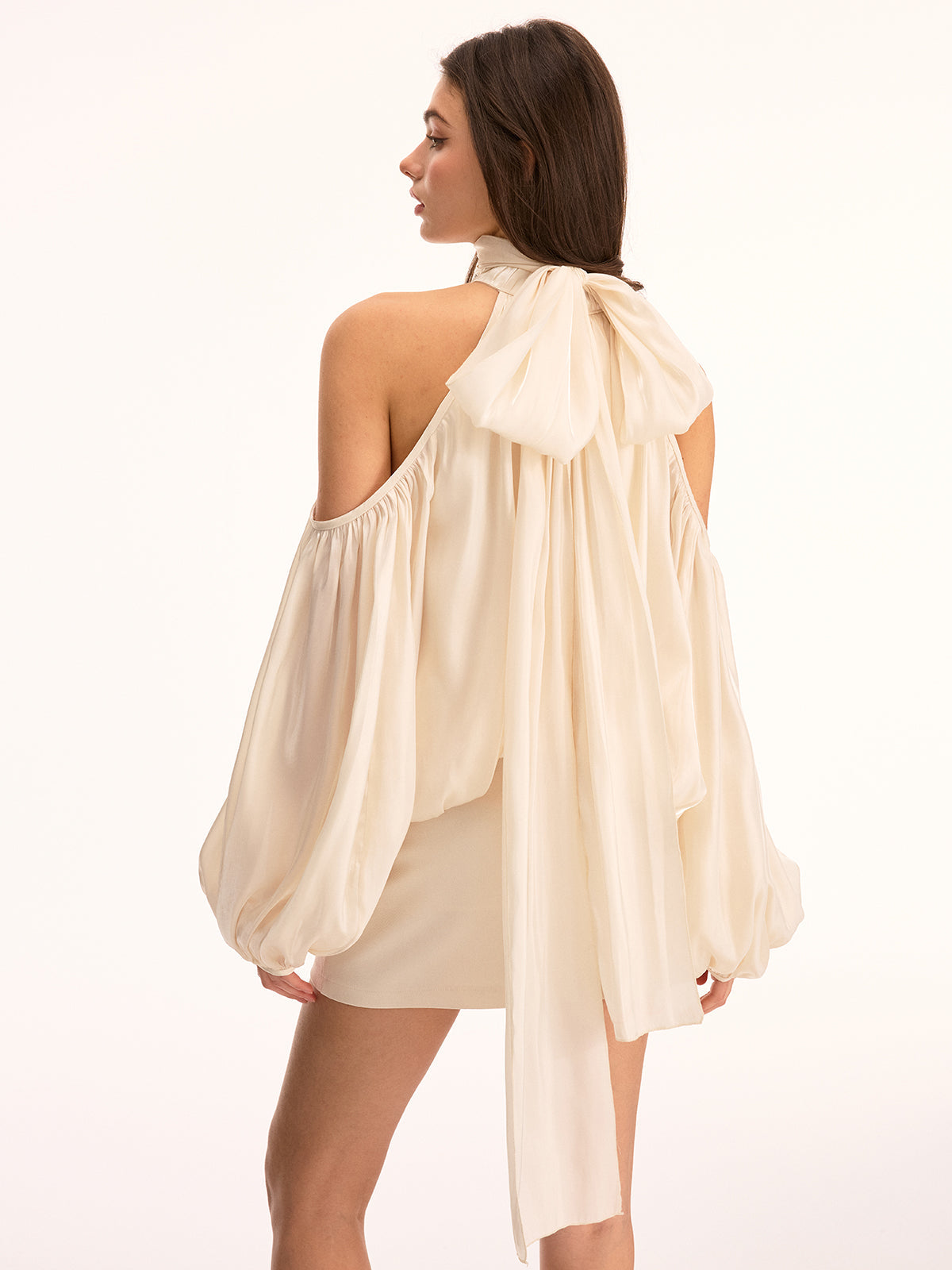 Cold Shoulder Halter Puff Sleeve Blouse