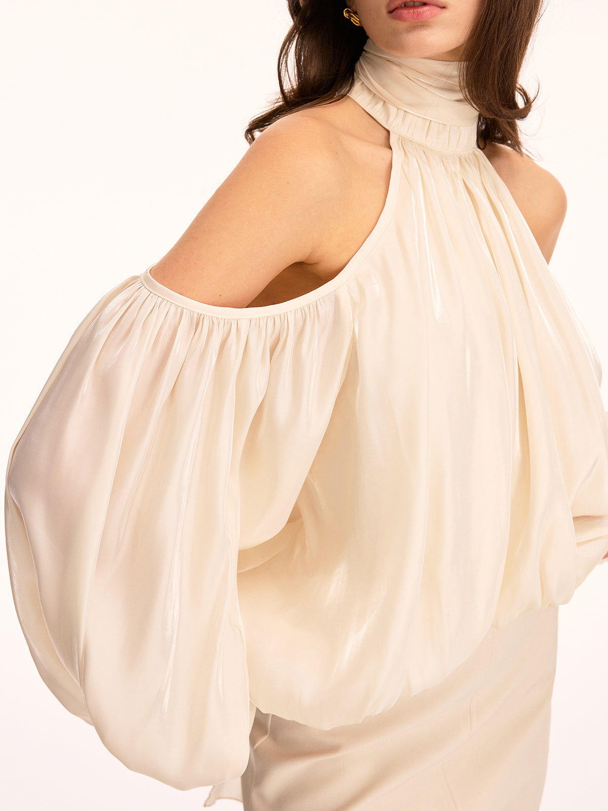 Cold Shoulder Halter Puff Sleeve Blouse