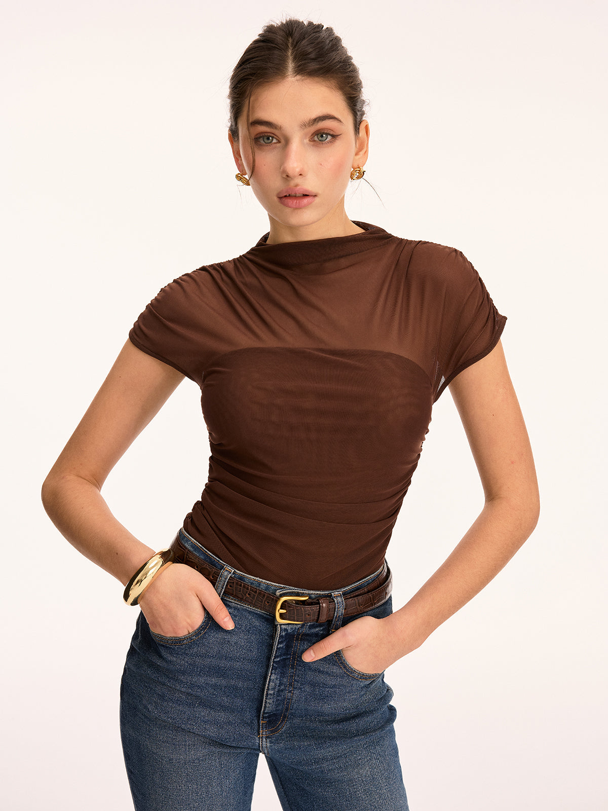 Mesh Ruched Mock Neck Top
